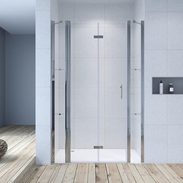 AQUABATOS Dusch-Falttür Nischentür Duschtür Falttür Duschabtrennung Duschkabine Glastür Dusche, 110x197 cm, 6 mm Einscheibensicherheitsglas mit Nano Beschichtung, links und rechts montierbar,Duschablage,großer Verstellbereich