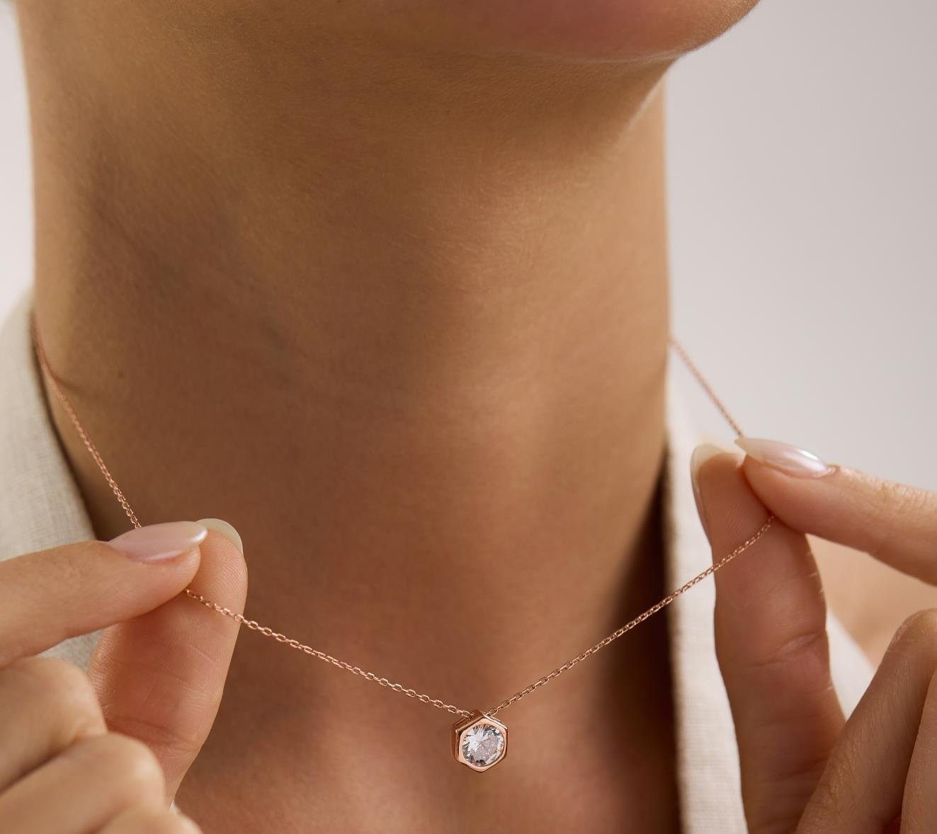 Nisan Kette und Anhänger Set, 925 Silber Halskette Rosegold Hexagon Anhänger mit Zirkonia
