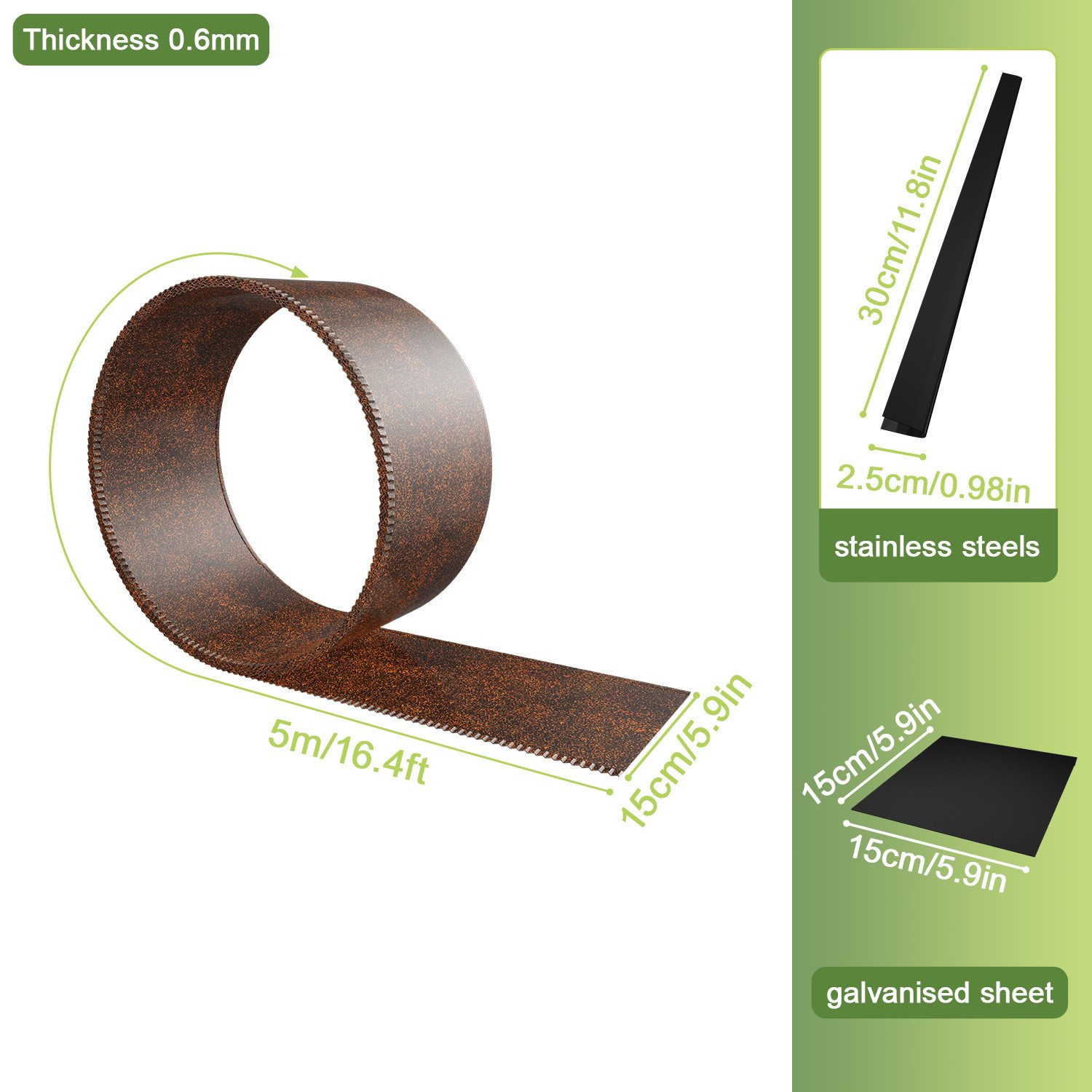FIVMEN Rasenkante 5m/10m/15m/20m Beetbegrenzung aus Metall, Rost, Verzinkt Rasenbleche Mähkante Flexible Rasen Umrandung, 15cm Hoch