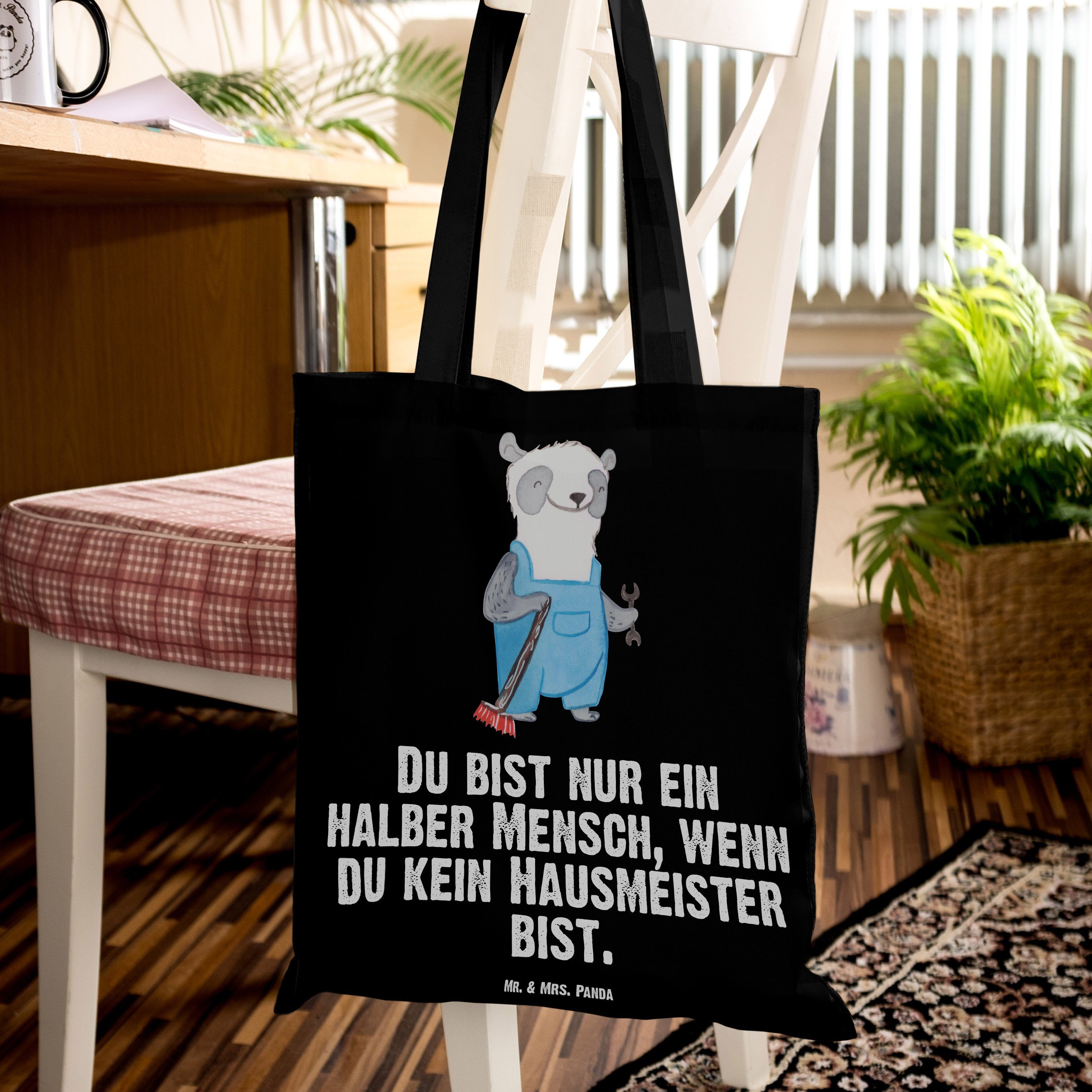 Geschenk, Mrs. - Hausmeister & Einkaufstas - Tragetasche Herz mit Mr. Schwarz Panda Hausverwalter, (1-tlg)