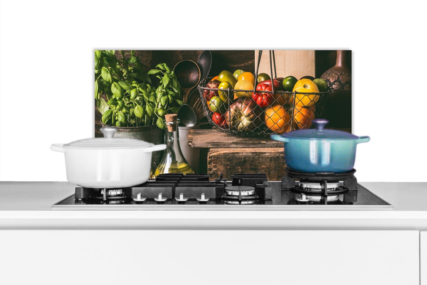 MuchoWow Küchenrückwand Gemüse - Kräuter - Rustikal - Stilleben - Basilikum, (1-tlg), 60x30 cm, Wandschutz, gegen Fett und Schmutzflecken für Küchen
