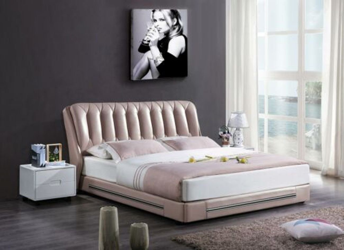 JVmoebel Lederbett, Klassischer Englischer Stil Textil Moderne Betten 180x200cm Altrosa