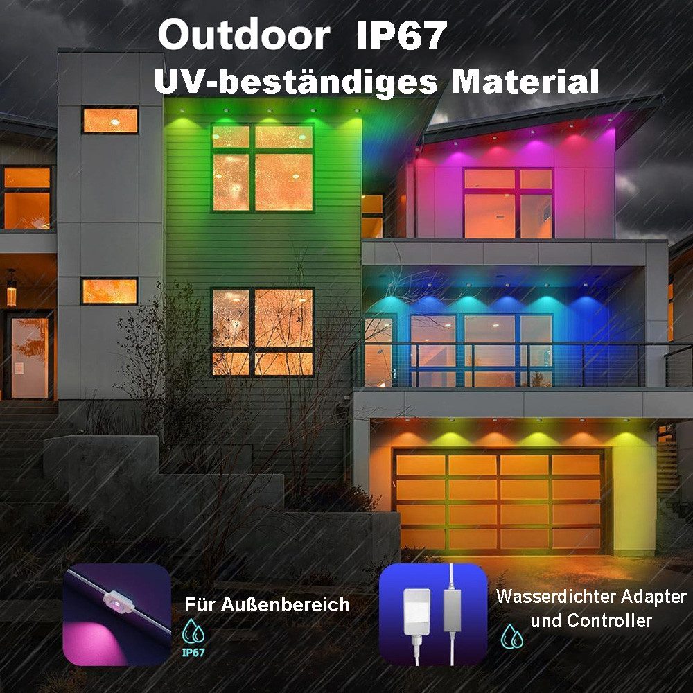 Rosnek LED Stripe RGB Lichtstreifen Außen IP67 Smart LED Streifen Dimmbar Timer APP, 15m Fernbedienung 16Millionen Lichtfarben Weihnachtsdeko Traufe Garten