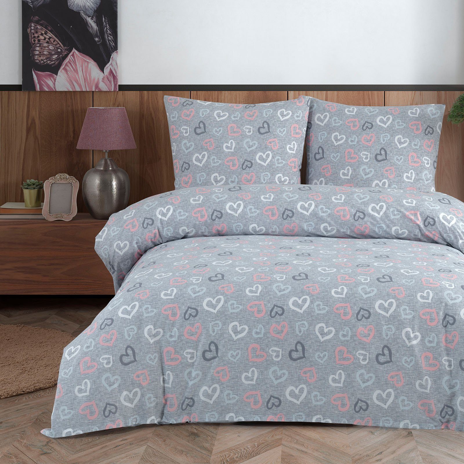 Buymax Bettwäsche, Renforcé, 2 teilig, 100% Baumwolle Renforce Kissenbezug 80x80 cm mit Reißverschluss Herzen Herz Muster, Grau Rosa