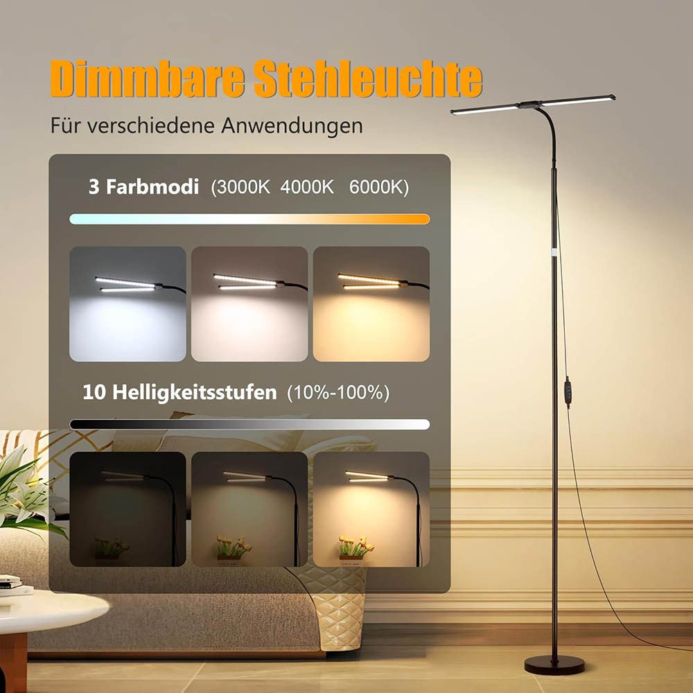 LMaxhome LED Stehlampe Dimmbar Doppelkopf Standlicht Modern 360°-Schwanenhals Leselampe Büro, EU-Stecker, LED fest integriert, 4 Höhenverstellbar(50–158CM), 10  – Bild 2 von 5