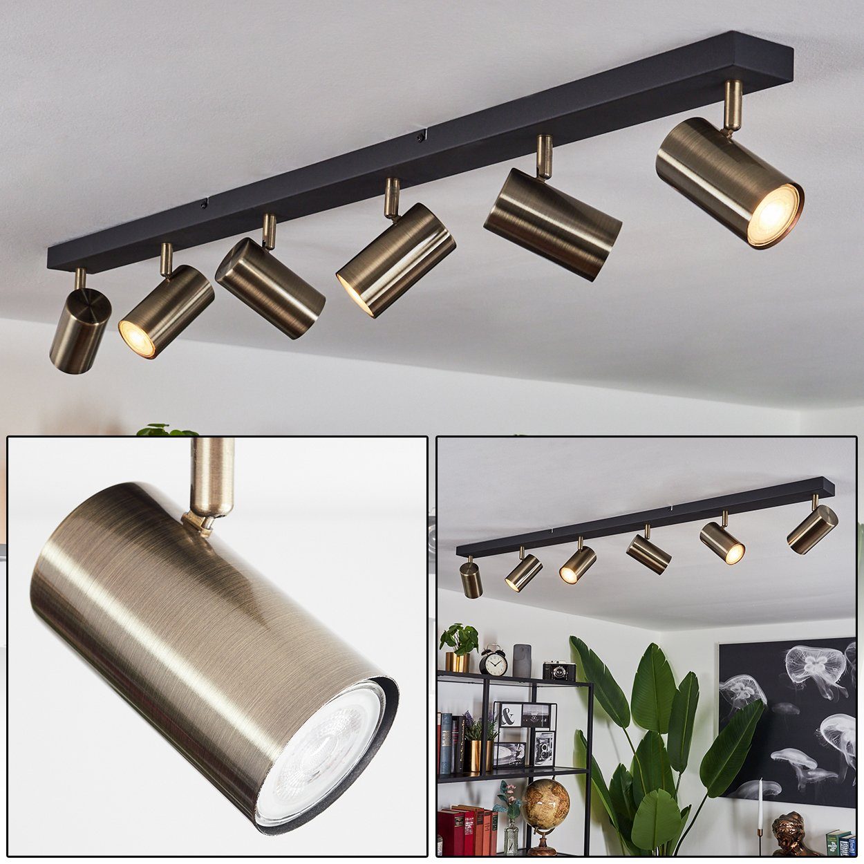 hofstein Deckenleuchte »Gambellara« moderne Deckenlampe aus Metal in Schwarz/Altmessingfarben, ohne Leuchtmittel, Leuchte im modernen Design mit drehbaren Schirmen, 6xGU10