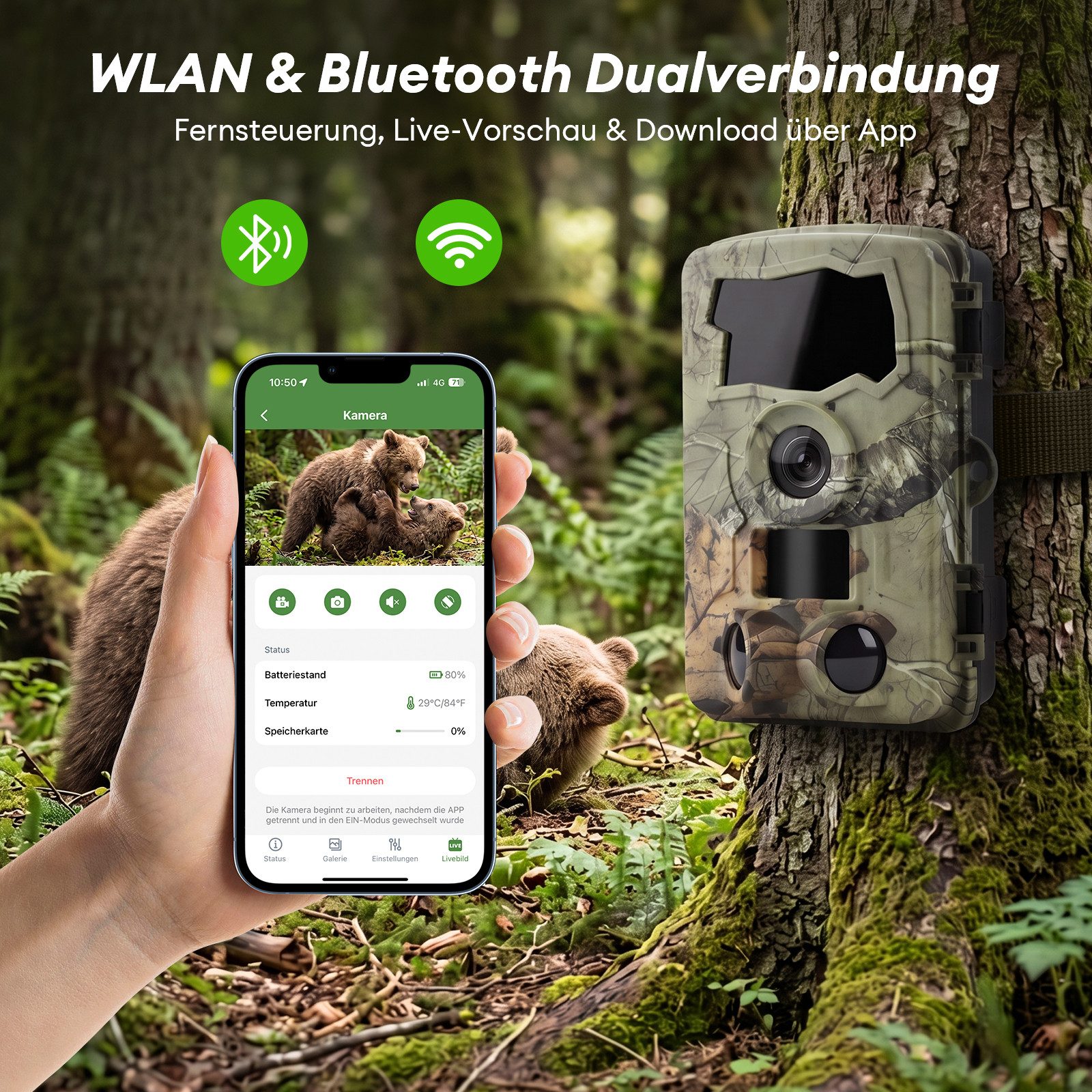 CkeyiN Wildkamera 5K Video 64MP Foto WLAN mit Handyübertragung APP 0,1s Auslösezeit (Außenbereich, Infrarot Wildkamera mit 32G Speicherkarte Bewegungssensor IP66)