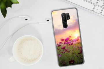 MuchoWow Handyhülle Sonnenuntergang - Blumen - Rosa - Natur - Grün, Phone Case, Handyhülle Xiaomi Redmi 9, Silikon, Schutzhülle