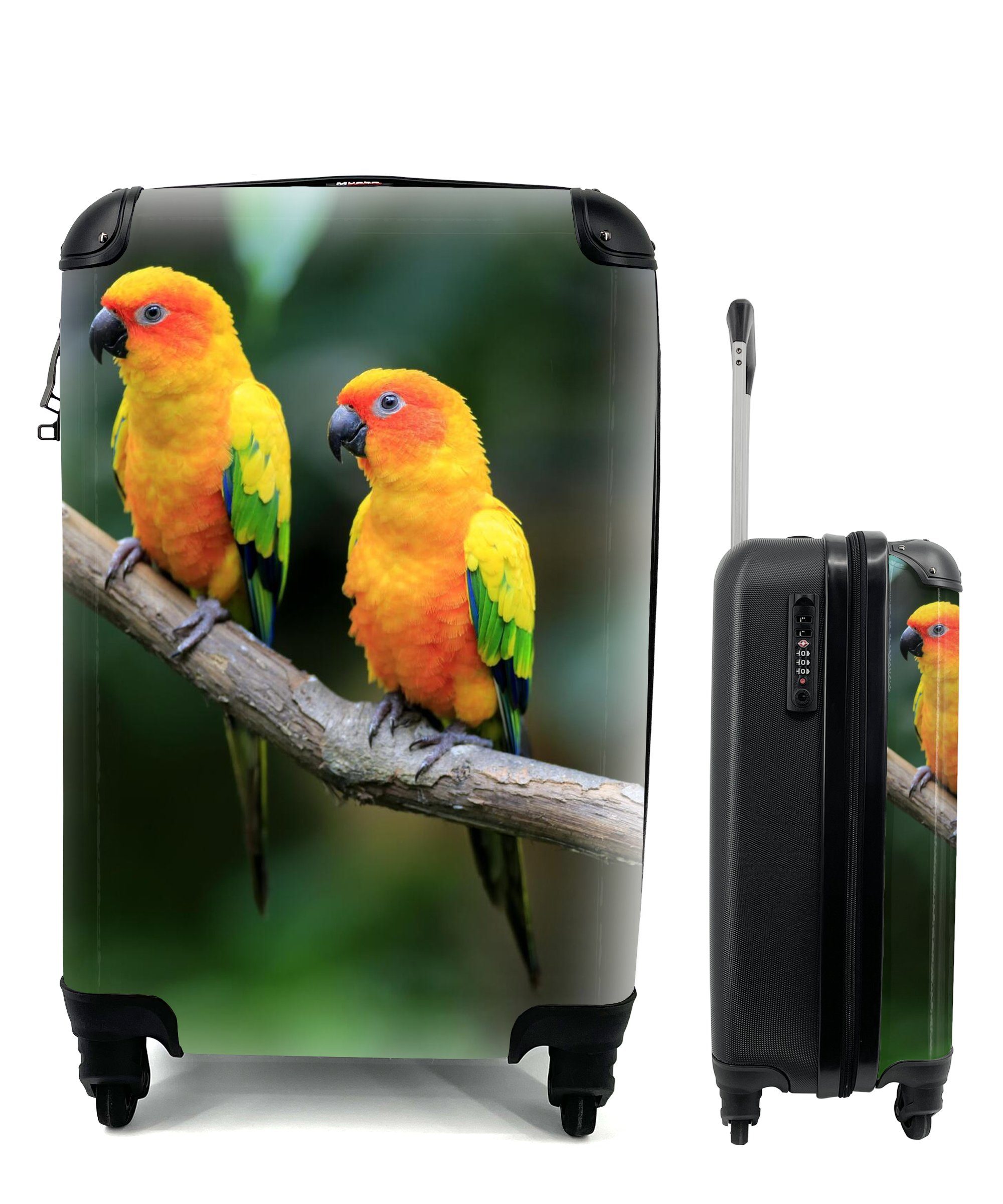 MuchoWow Handgepäckkoffer Zwei bunte Sonnensittiche, 4 Rollen, Reisetasche mit rollen, Handgepäck für Ferien, Trolley, Reisekoffer