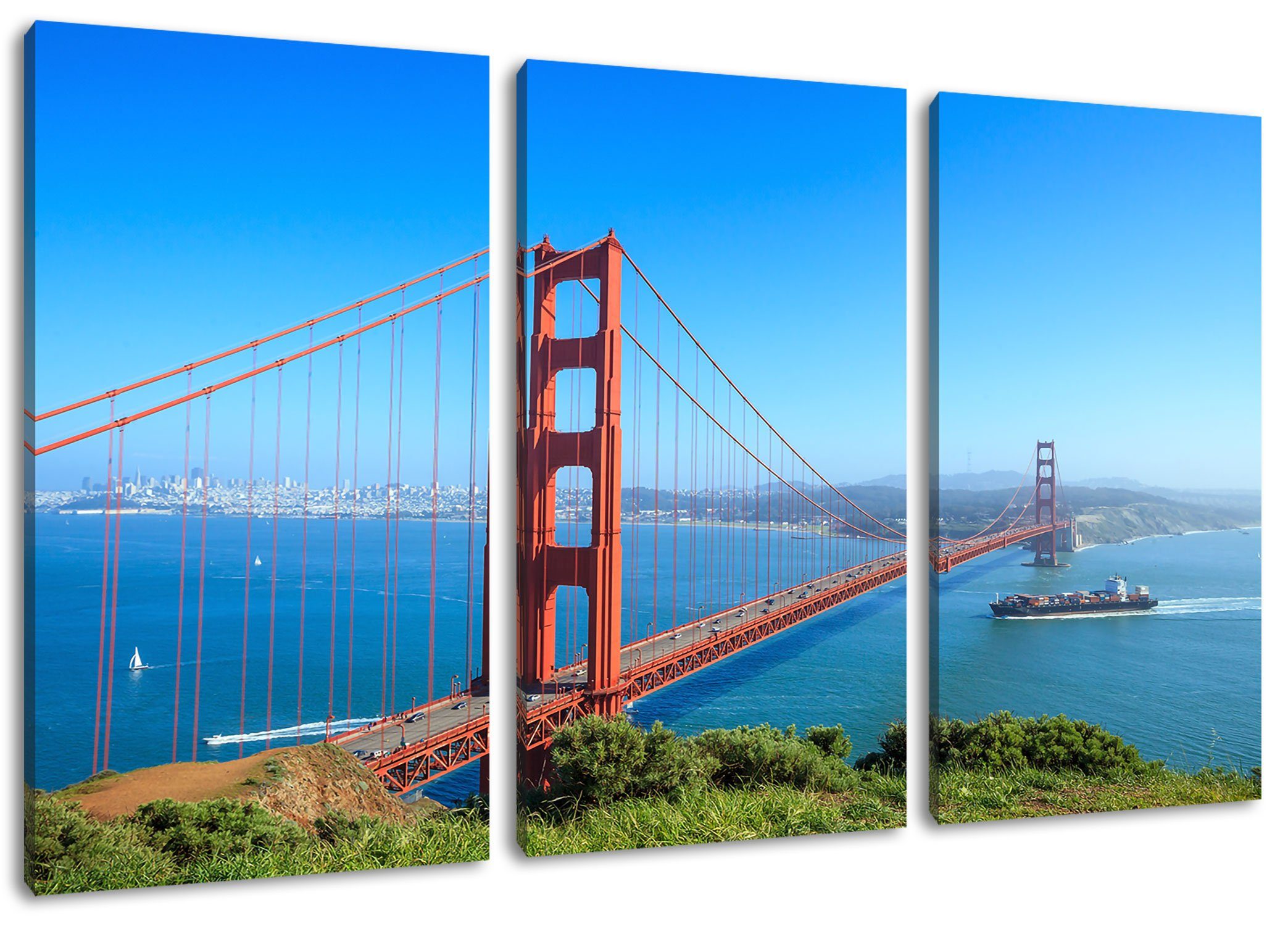 Pixxprint Leinwandbild Golden Gate Bridge, Golden Gate Bridge 3Teiler (120x80cm) (1 St), Leinwandbild fertig bespannt, inkl. Zackenaufhänger | Leinwandbilder