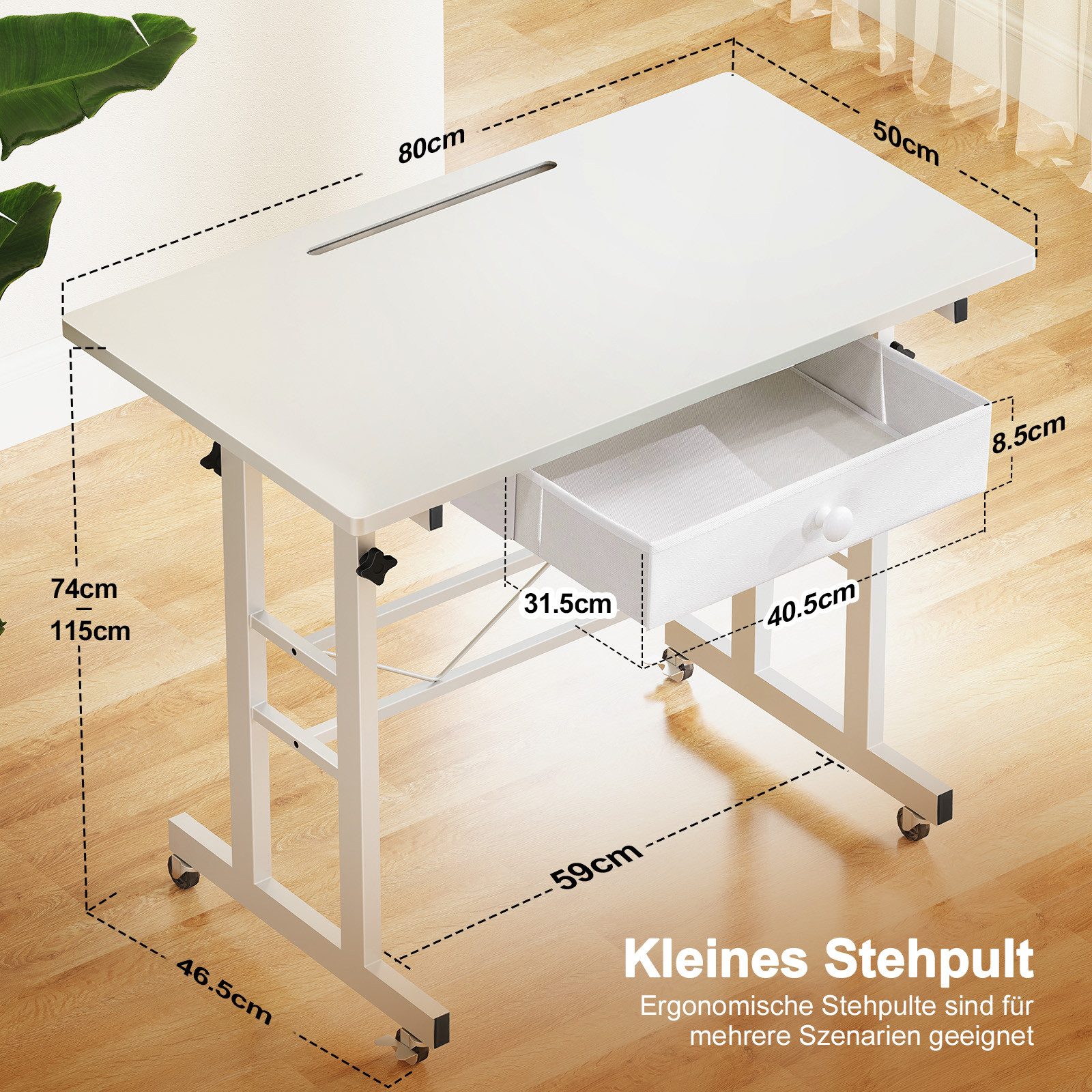 GTPLAYER Eckschreibtisch Höhenverstellbarer Schreibtisch, Computertisch Laptoptisch, mit Schubladen,Tisch höhenverstellbar 80 * 50*(73-115) cm – Bild 4 von 5