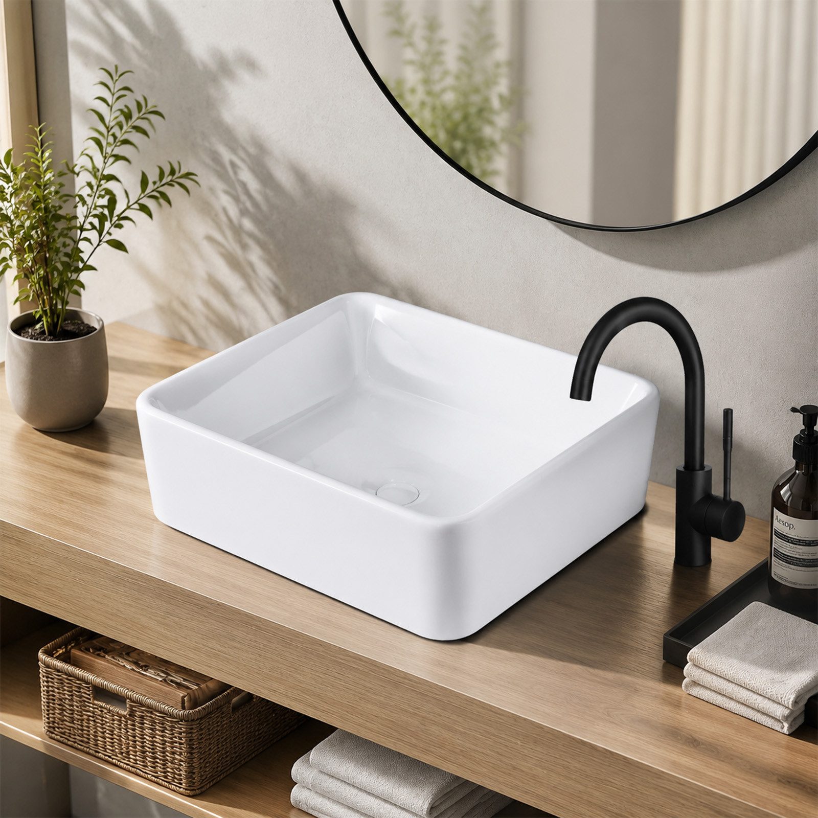Ledklang Waschbecken Aufsatzwaschbecken Keramik eckig Waschschale modern Überlauf 40/48cm (1-St), für Badezimmer, ohne Armatur&ohne …