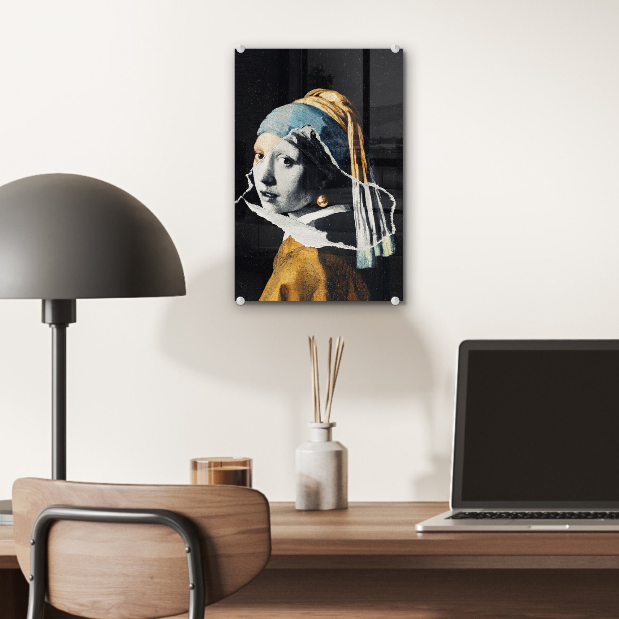 auf Weiß, Glas - - Bilder auf St), Foto Wandbild Wanddekoration (1 Acrylglasbild Glas Schwarz Mädchen - - mit - MuchoWow Glasbilder Gold Perlenohrring -