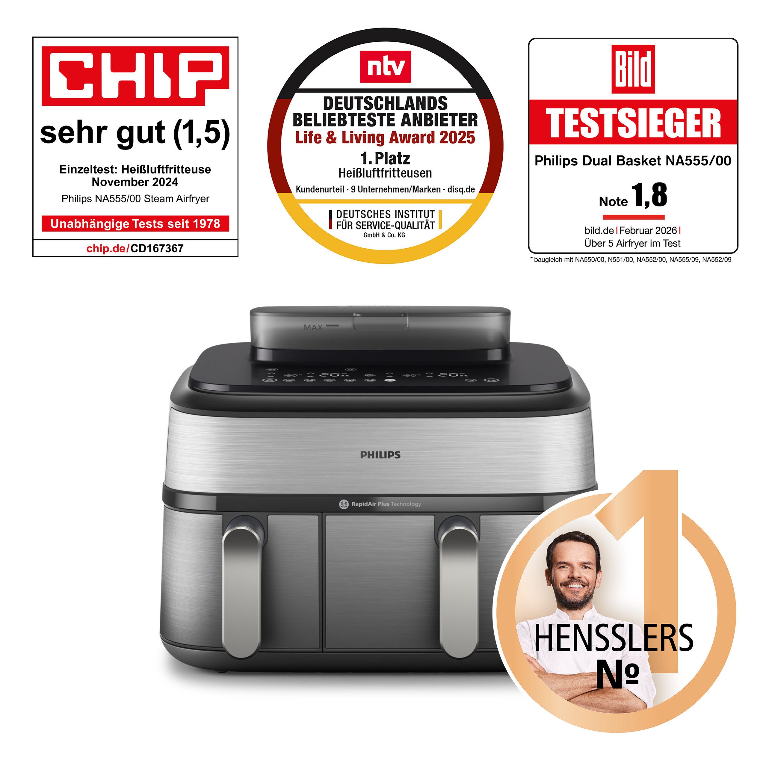 Philips Heißluftfritteuse NA555/00 Steam Airfryer 5000 Series Dual Basket, 9L Kapazität (3L+6L), 2750 W, mit Dampfgar-Funktion; Silber/Edelstahl