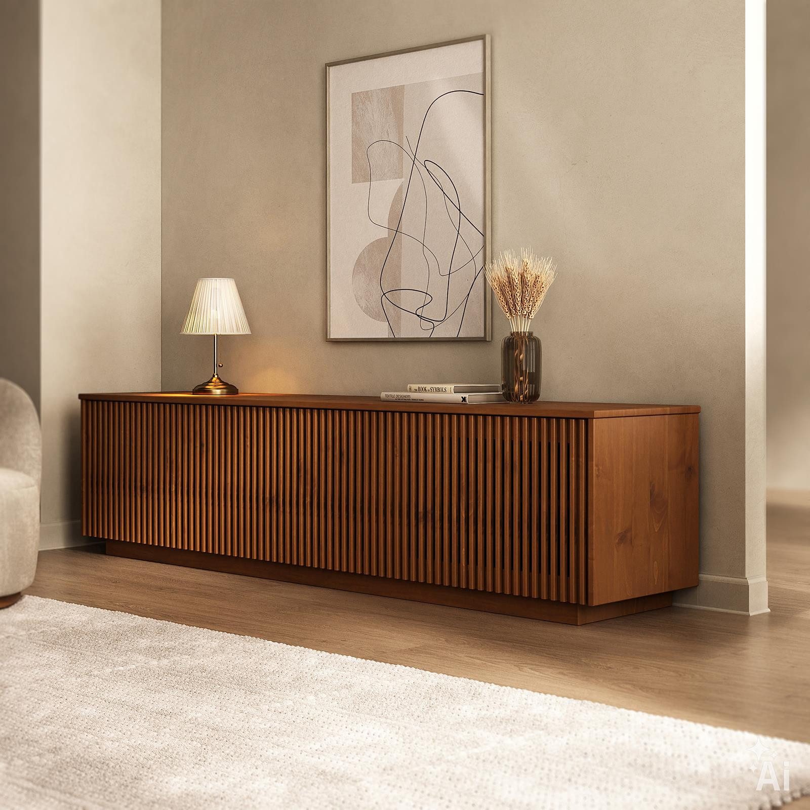 IDIMEX Lowboard OLE, TV Schrank 175 cm aus Massivholz mit Lamellentüren Kastanie Finish
