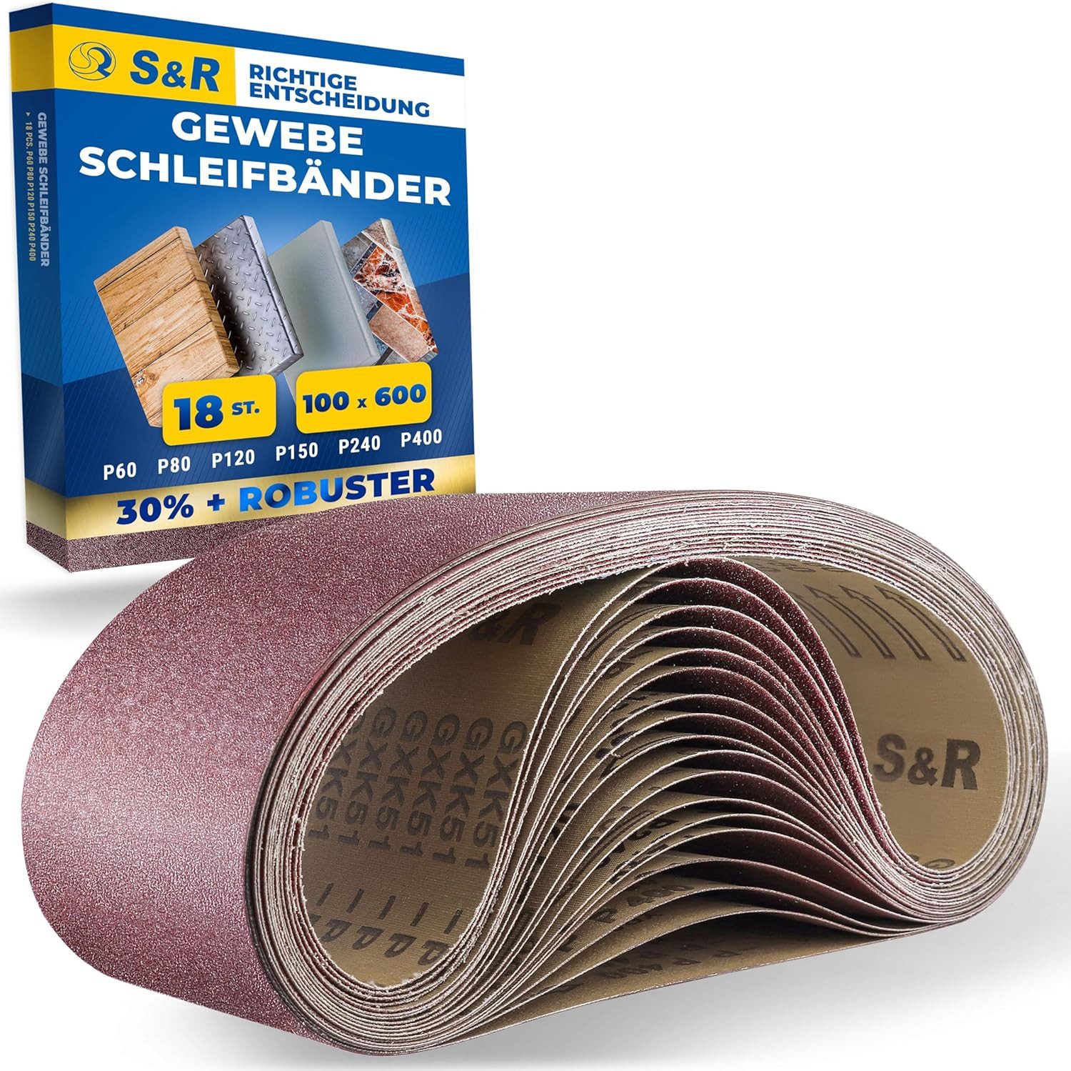 S&R Schleifpapier Schleifband-Set, 75 x 610 mm, reißfestes Gewebe-Schleifpapier, (Set, 18 St., je 3x P60, P80, P120, P150, P240, P400), für Bandschleifer, Schleifriemen für Holz, Metall, Plastik, Entrostung