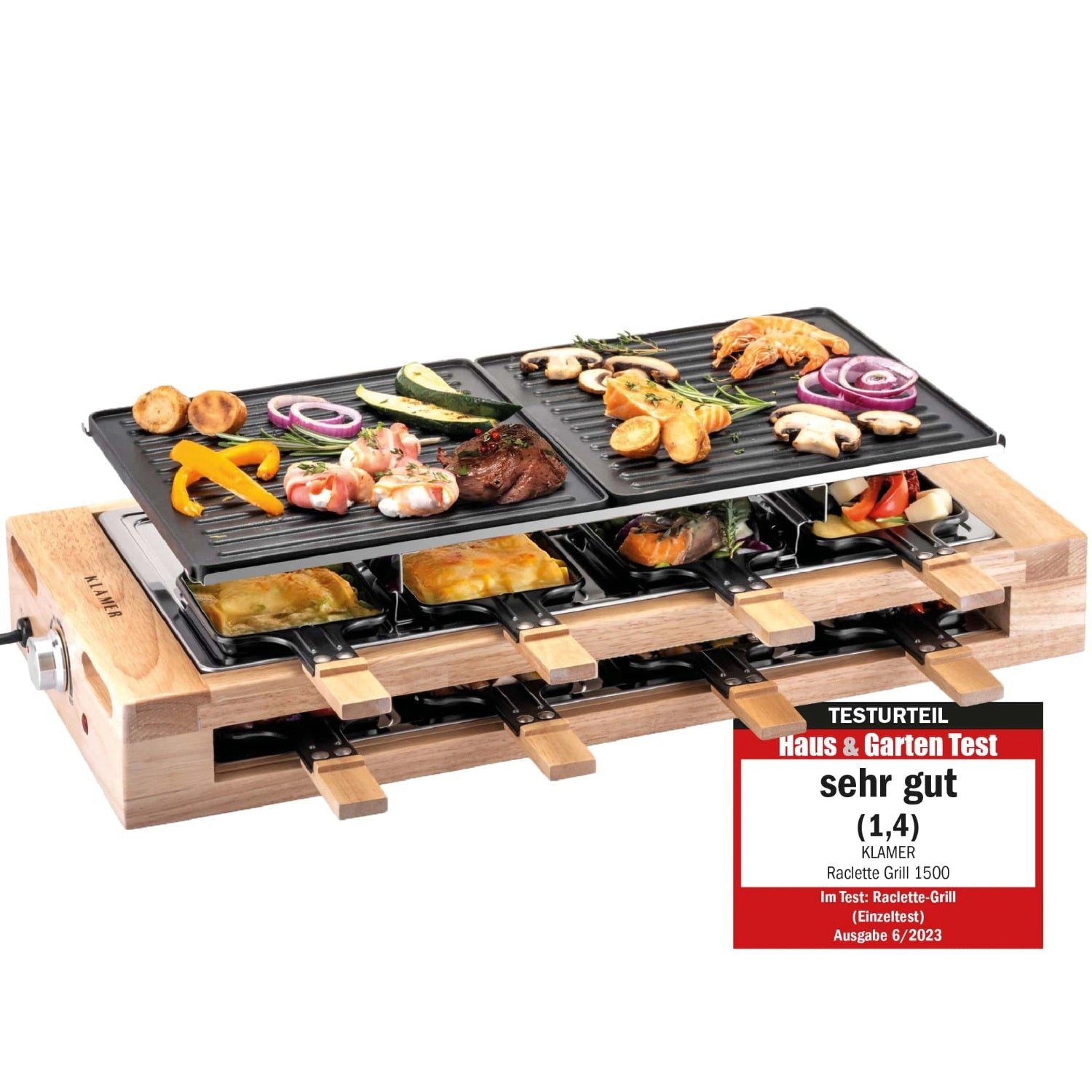 KLAMER Раклетници 8 Personen, 1500W Раклетници Grill mit Holzgestell, Раклетници mit antiha…