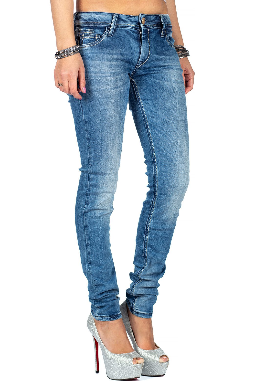 Cipo & Baxx Slim-fit-Jeans Damen Slim Fit Hose Stonewashed BA-WD344 Rosegoldene Knöpfe – Bild 4 von 5