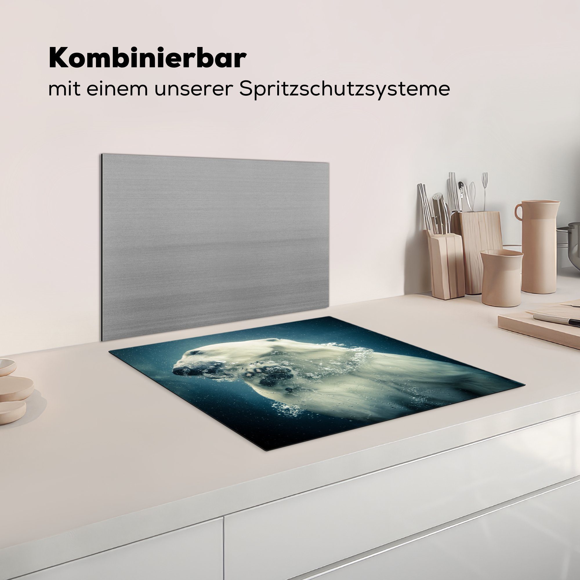 unter cm, (1 Vinyl, 59x52 die Ceranfeldabdeckung für küche, Herdblende-/Abdeckplatte tlg), Eisbär Induktionsmatte MuchoWow Wasser,