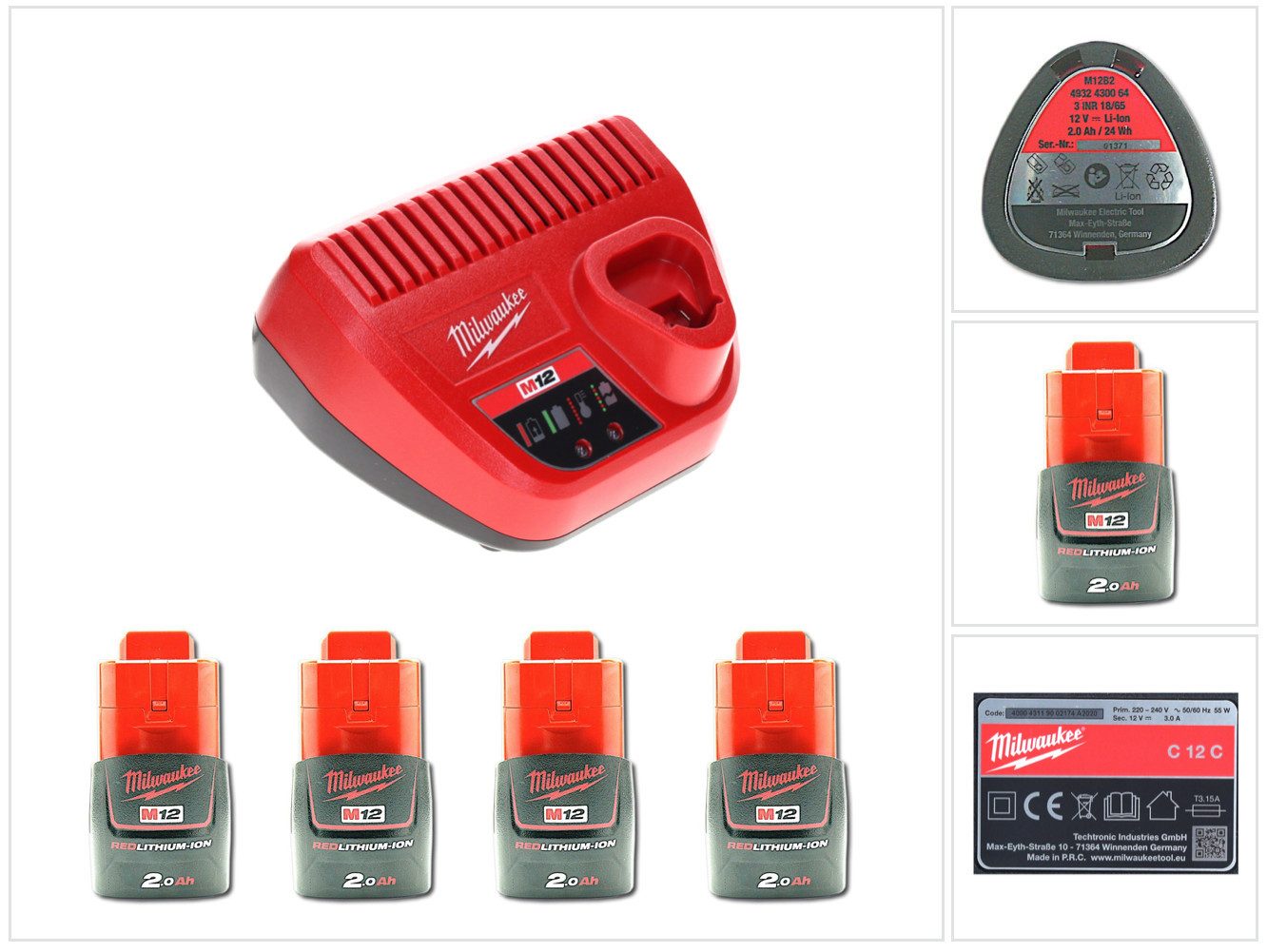 Milwaukee Akku Starter Set 12 V mit 4x Akku 2,0 Ah + M12 C12C Ladegerät Akkupacks