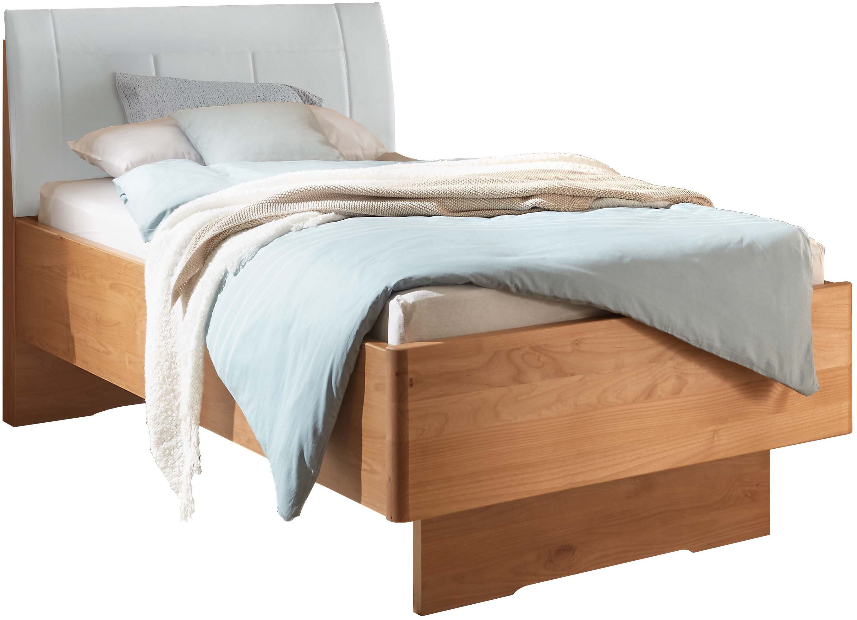 WIEMANN Holzbett Cardiff, Bettgestell, Bettrahmen, teilmassiv, mit Polsterkopfteil (Belastbarkeit 110/220 Kg, 4-fache höhenverstellbar, MADE IN GERMANY), Fußteil aus Massivholz, verschiedene Größen