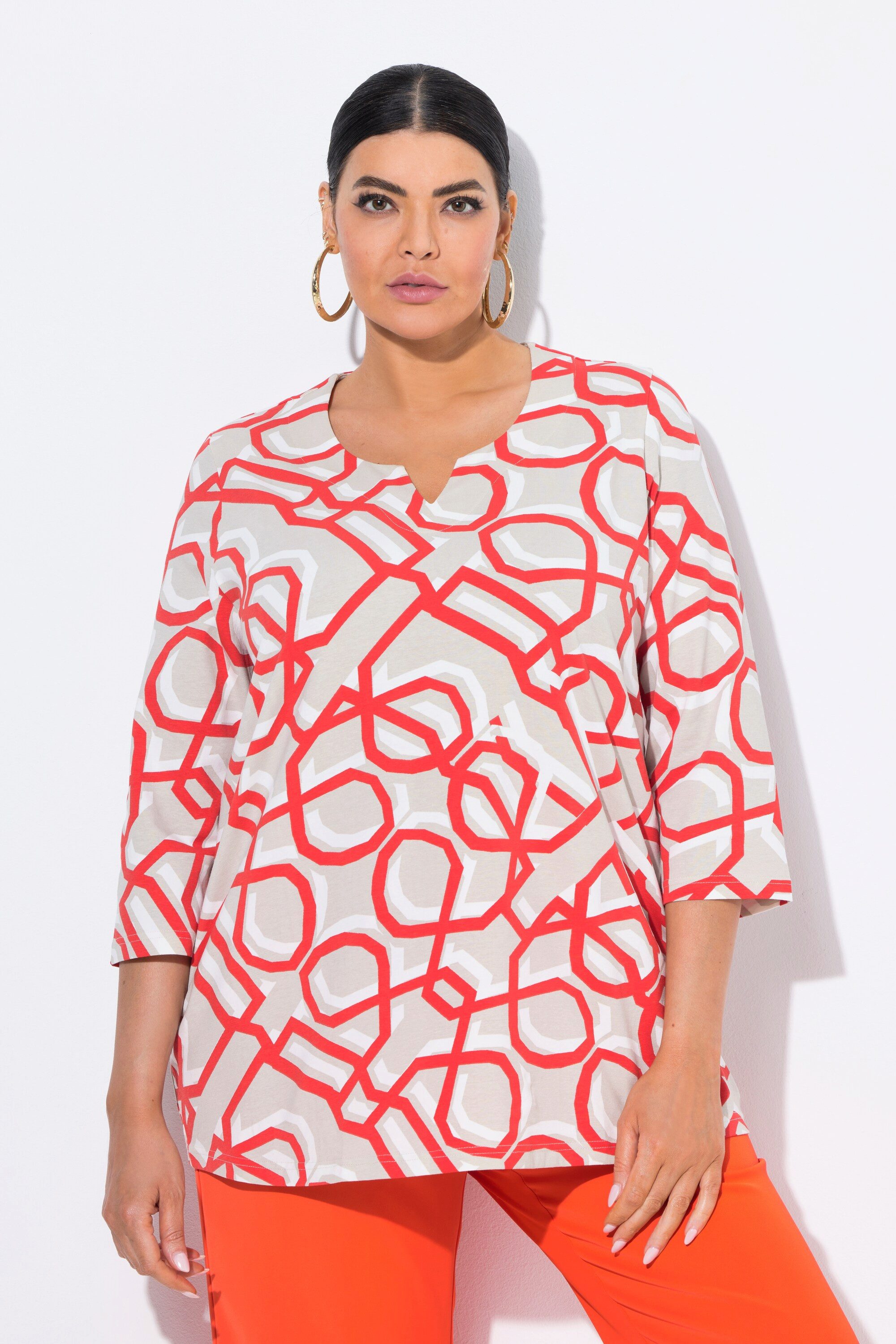 Ulla Popken T-Shirt Shirt grafischer Druck Tunika-Ausschnitt 3/4-Arm günstig online kaufen