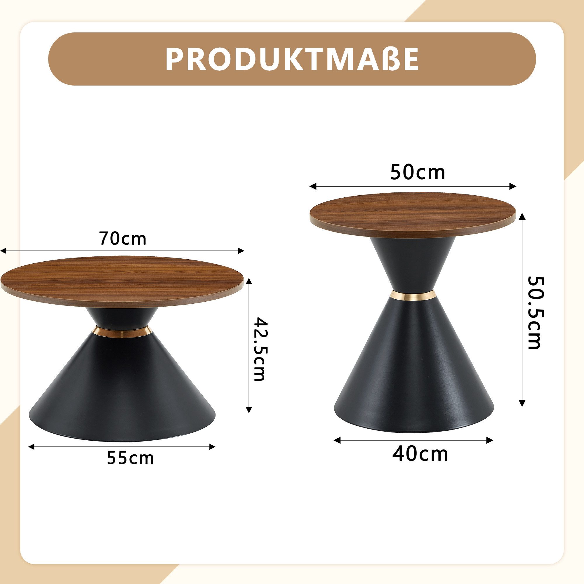 Celya Couchtisch 2er Set Nesting-Couchtische, mit Metallkonus (platzsparend für Wohnzimmer, Schlafzimmer und Büro)
