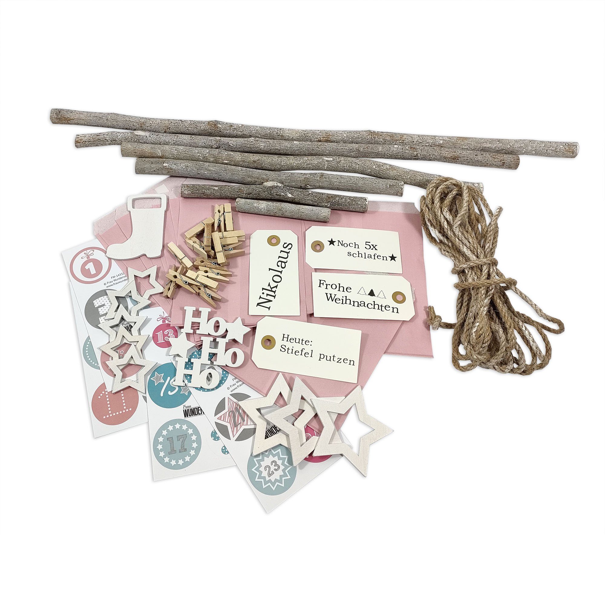 Thumbnail - Frau WUNDERVoll Sticker Adventskalender rosa Papiertüten flach Weihnachtsbaum Holz