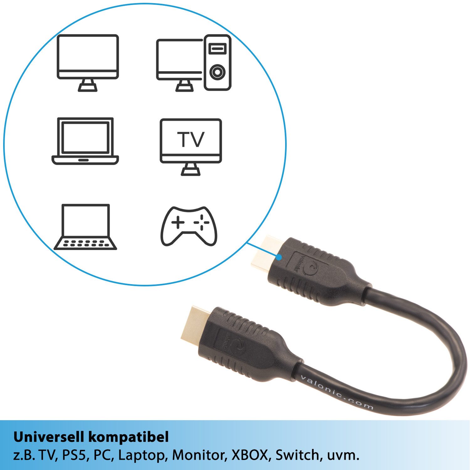 valonic valonic - HDMI Kabel, 20cm kurz, Doppelpack, Full HD, Ethernet HDMI-Kabel, HDMI Typ A, HDMI Typ A (20 cm), 4k, ARC, UHD, FullHD, Ethernet 0,2m TV Kabel Monitor PC Laptop Switch