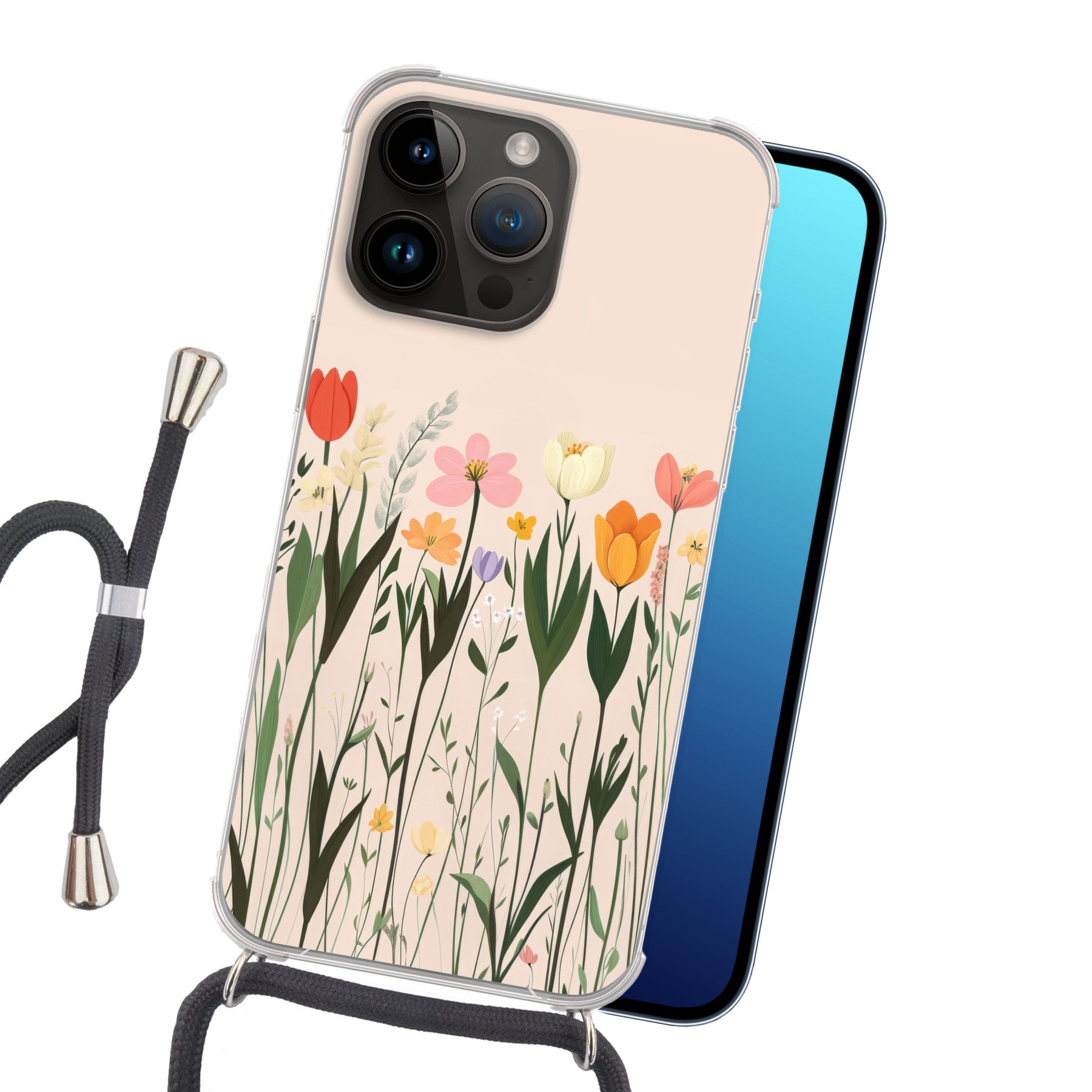 MuchoWow Handyhülle für Apple iPhone 14 Pro Pastelltöne - Blumen - Illustration, Tragbare Handyhüllen mit Kette zum umhängen, Handykette Handyband