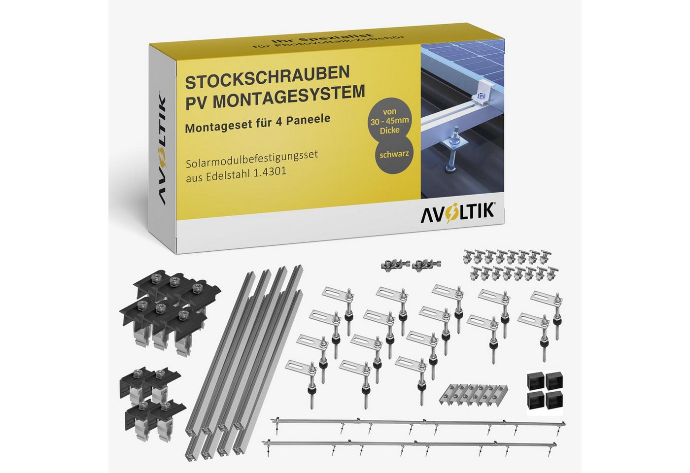 avoltik Solarmodul-Halterung PV Halterung Blechdach Montageset für 4 Module, (Montage-Set, Set für 4 Module, 200 mm Stockschrauben mit EPDM-Dichtung, Robust, Witterungsbeständig)