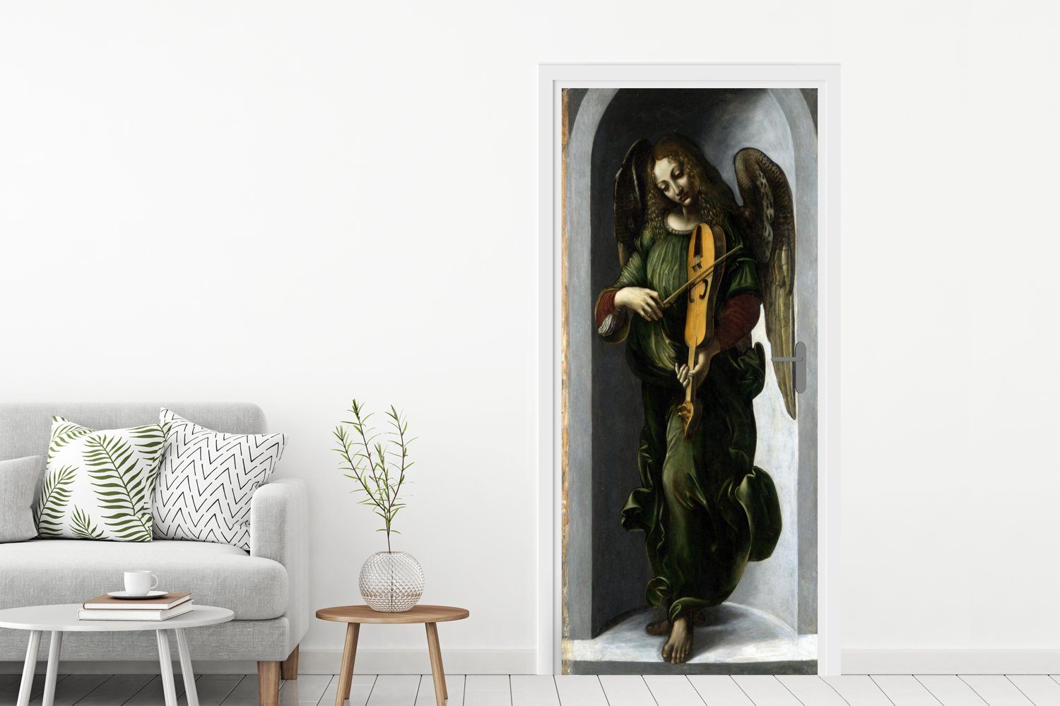 da MuchoWow Türtapete Türaufkleber, Fototapete für Tür, St), Vinci, einer bedruckt, Fahne Ein Engel (1 cm Leonardo - in Grün mit 75x205 Matt,