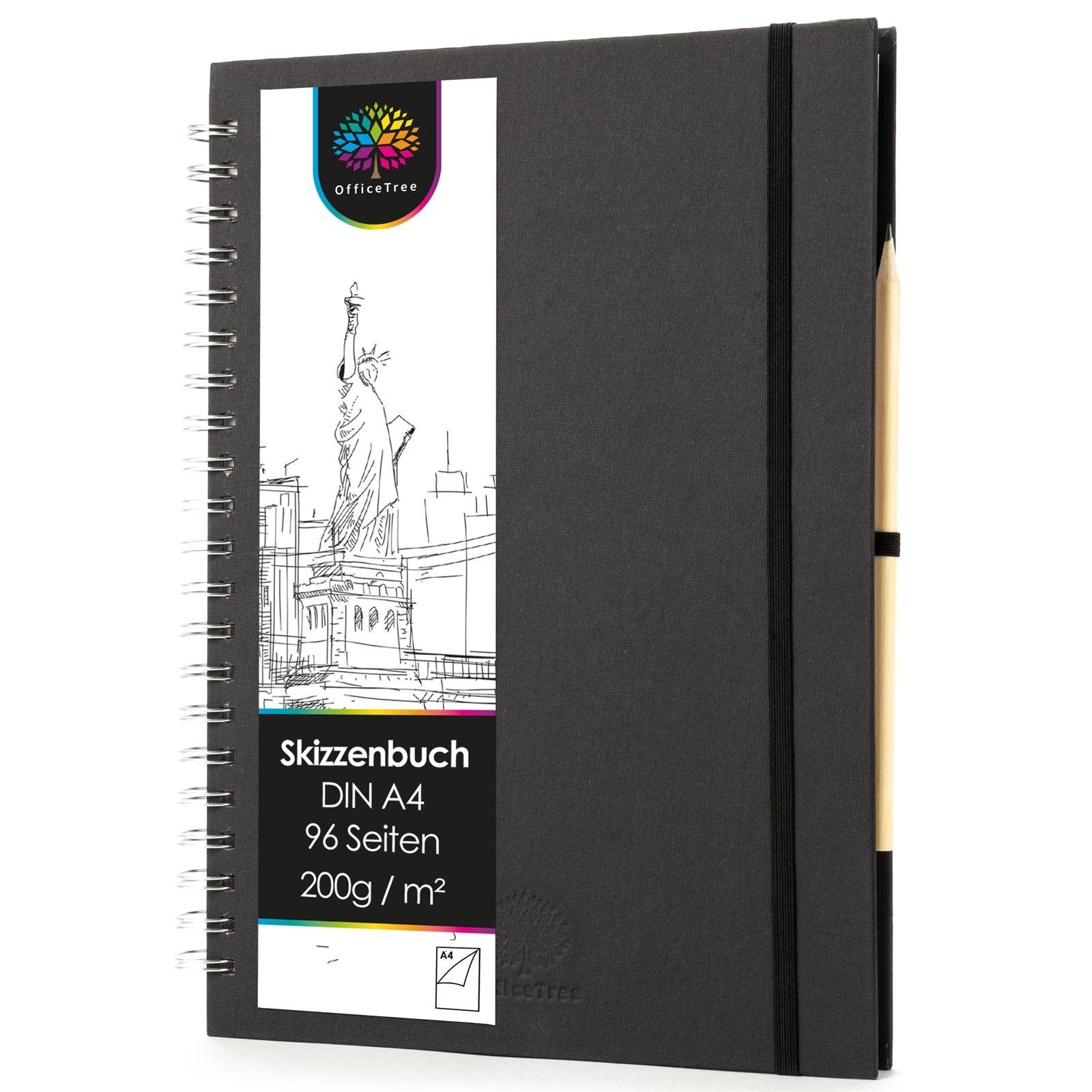 Skizzenbuch Verschluss, 96 - OfficeTree - Weißes OfficeTree Papier 200g Stift Skizzenbuch A4 Sketchbook und Seiten Blätter 48 hoch mit Blanko Stiftehalter,