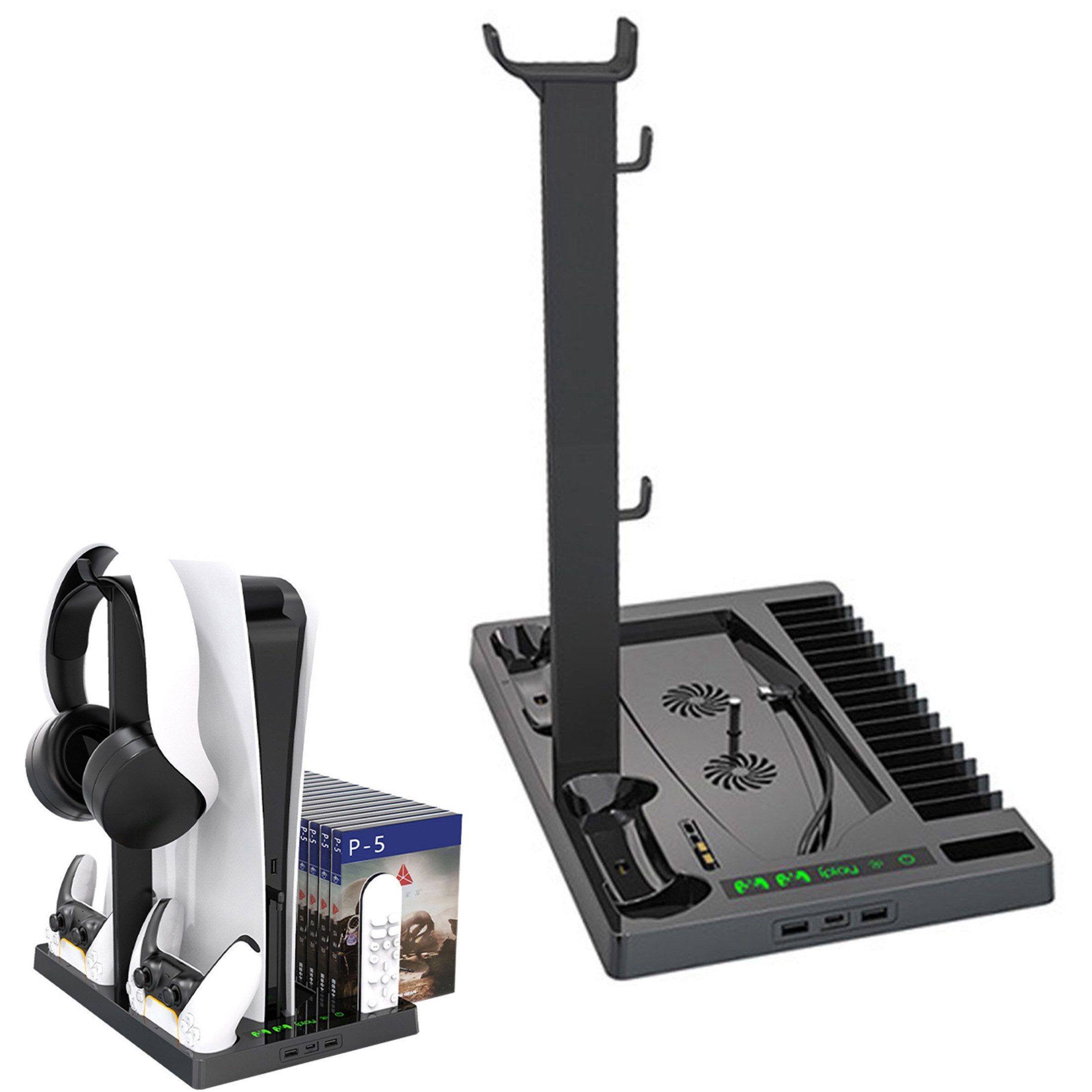 KINSI PS5 Ladestation mit Kühlfunktion&Kopfhörerhalter für PS5 Digital/Disc Controller-Ladestation (Vertikalständer mit 2-fach Ladedock,15 Disc Halter & Kühlgebläse)