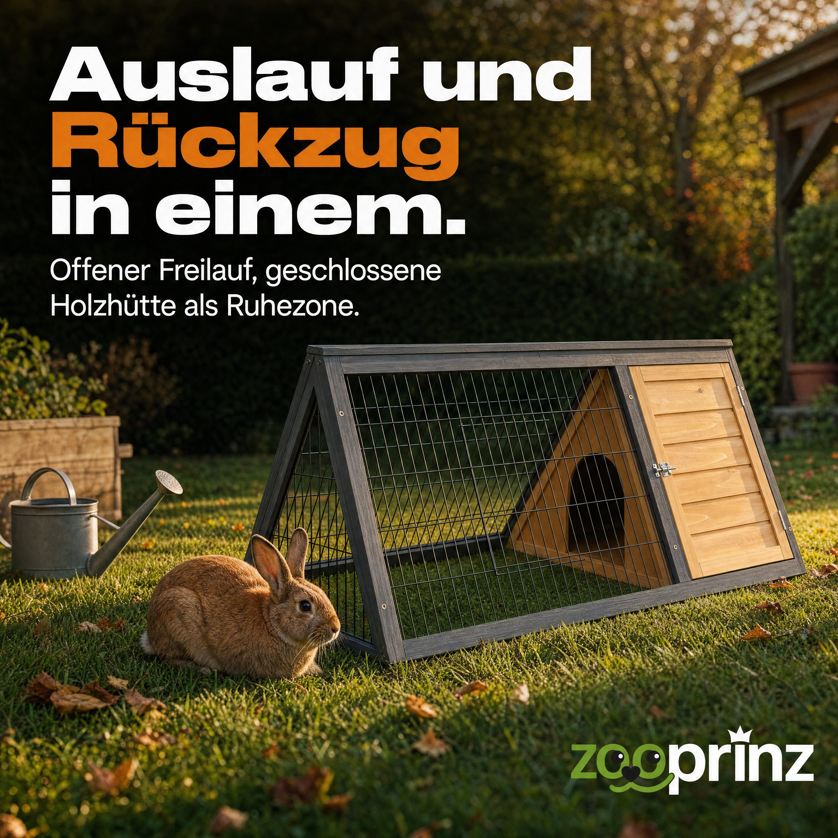 Zooprinz Kleintierstall Hasenstall Kaninchenstall Dreieckig Massivholz mit Freilauf, 115 x 56.5 x 48cm, 2 Türen, Unterschlupf mit Boden