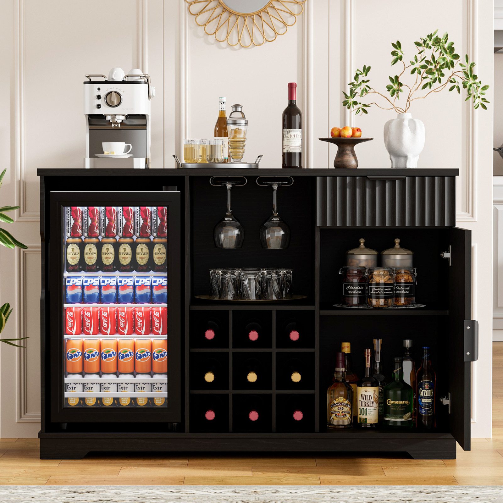 BROTTAR Weinschrank Barschrank mit Kühlschrank inklusive - Weinbar mit Gläserhalter Weinregal Schublade und Stauraum im Riffeldesign