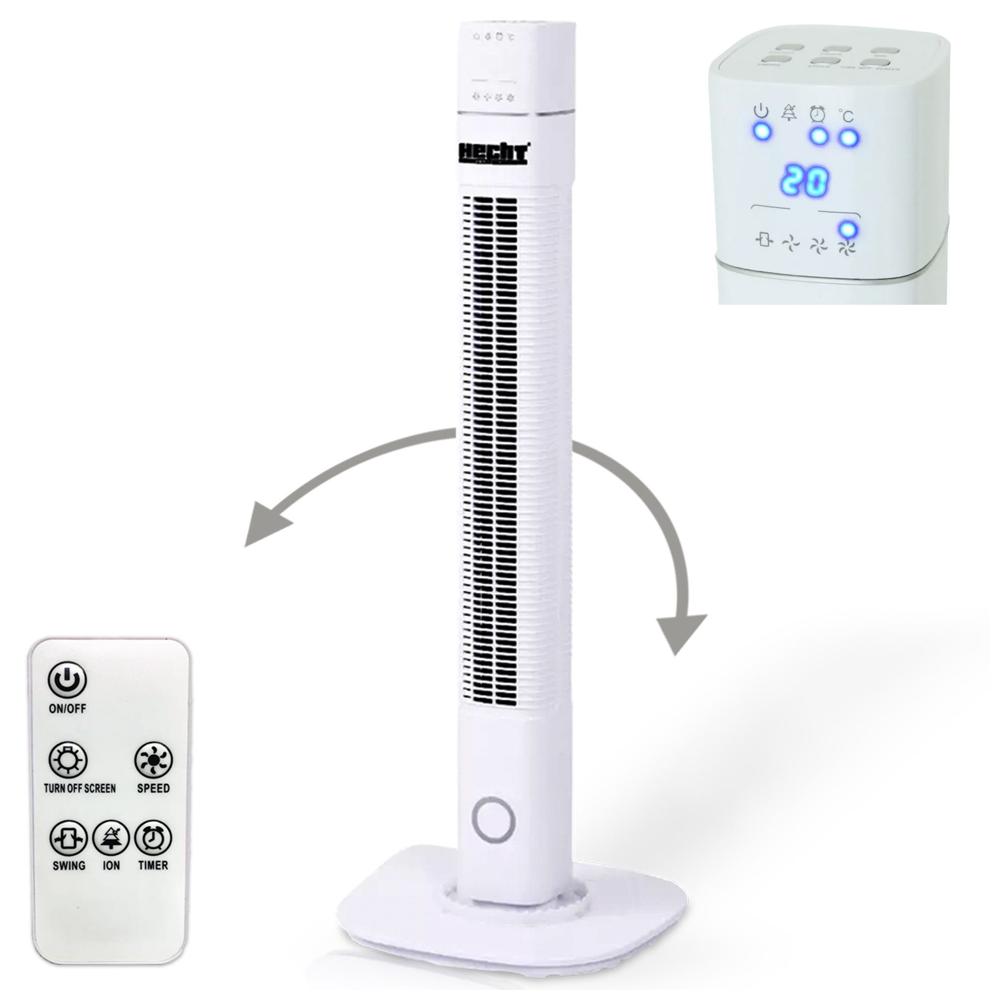 Hecht Standventilator mit Fernbedienung 60W 3-Stufig 80° Oszillationsfunktion, Timer, LED-Display, mit Standfuß