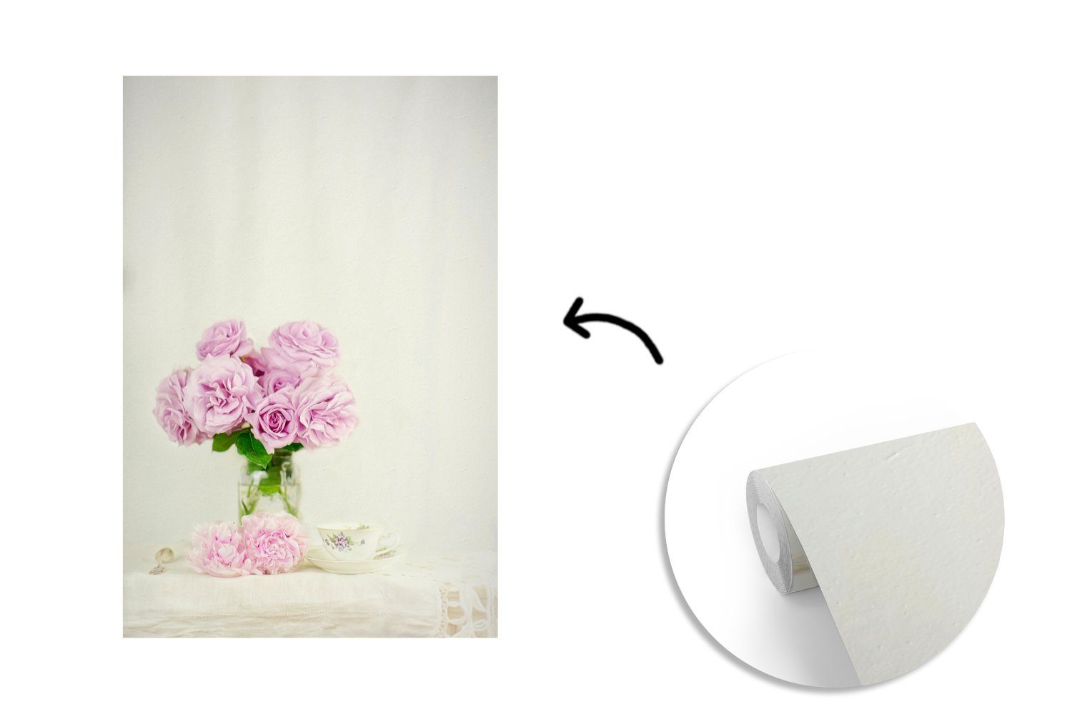 MuchoWow Fototapete Blumenstrauß aus Teetasse, Montagefertig Vinyl für Wohnzimmer, Tapete Matt, rosa an Pfingstrosen bedruckt, einer Wandtapete (3 St)
