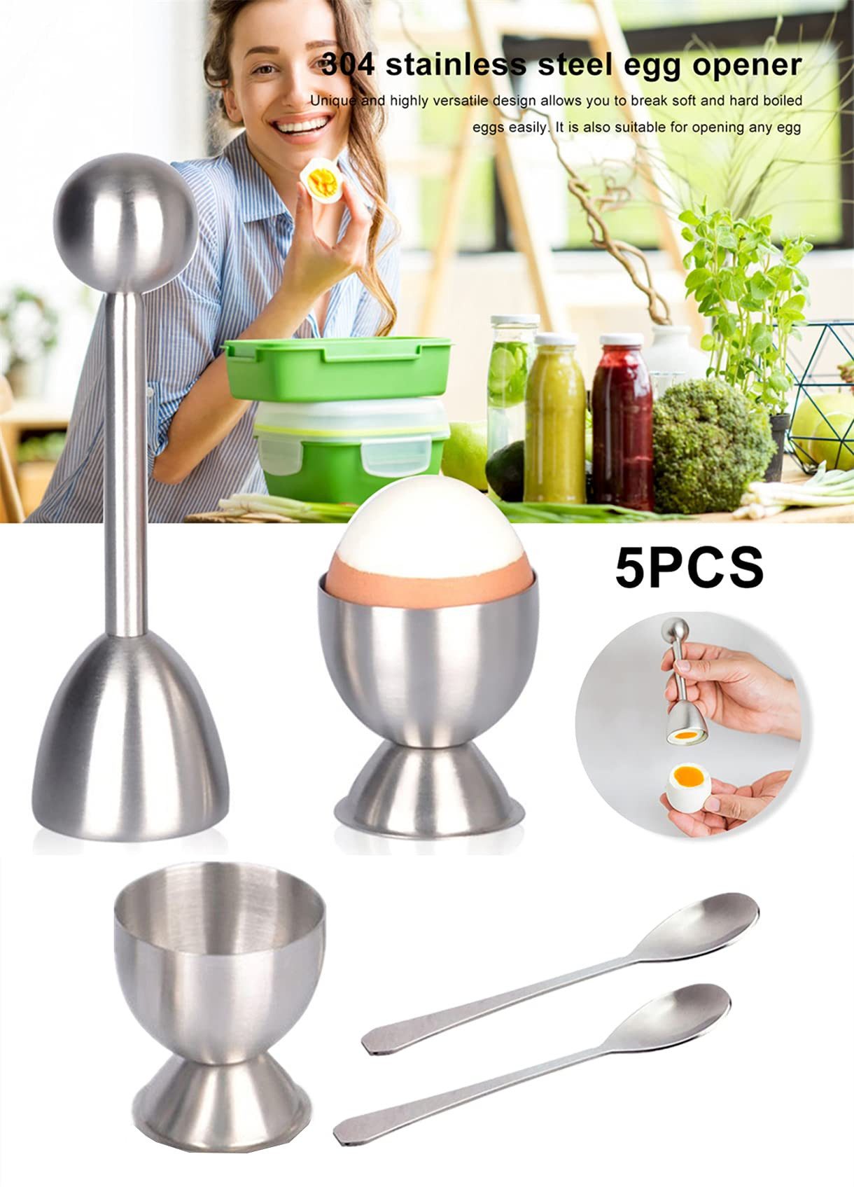 SURFOU Eierköpfer Eierschalenschneider Set 5-tlg. mit Eierbechern und Löffeln, (Eierköpfer aus Edelstahl mit 2 Eierbechern und 2 Löffeln, zum einfachen Öffnen von weich- und hartgekochten Eiern, ideal für Frühstück und Desserts, 5-tlg., Eierschalenöffner, Eierschalenschneider, Eierschalenöffner)