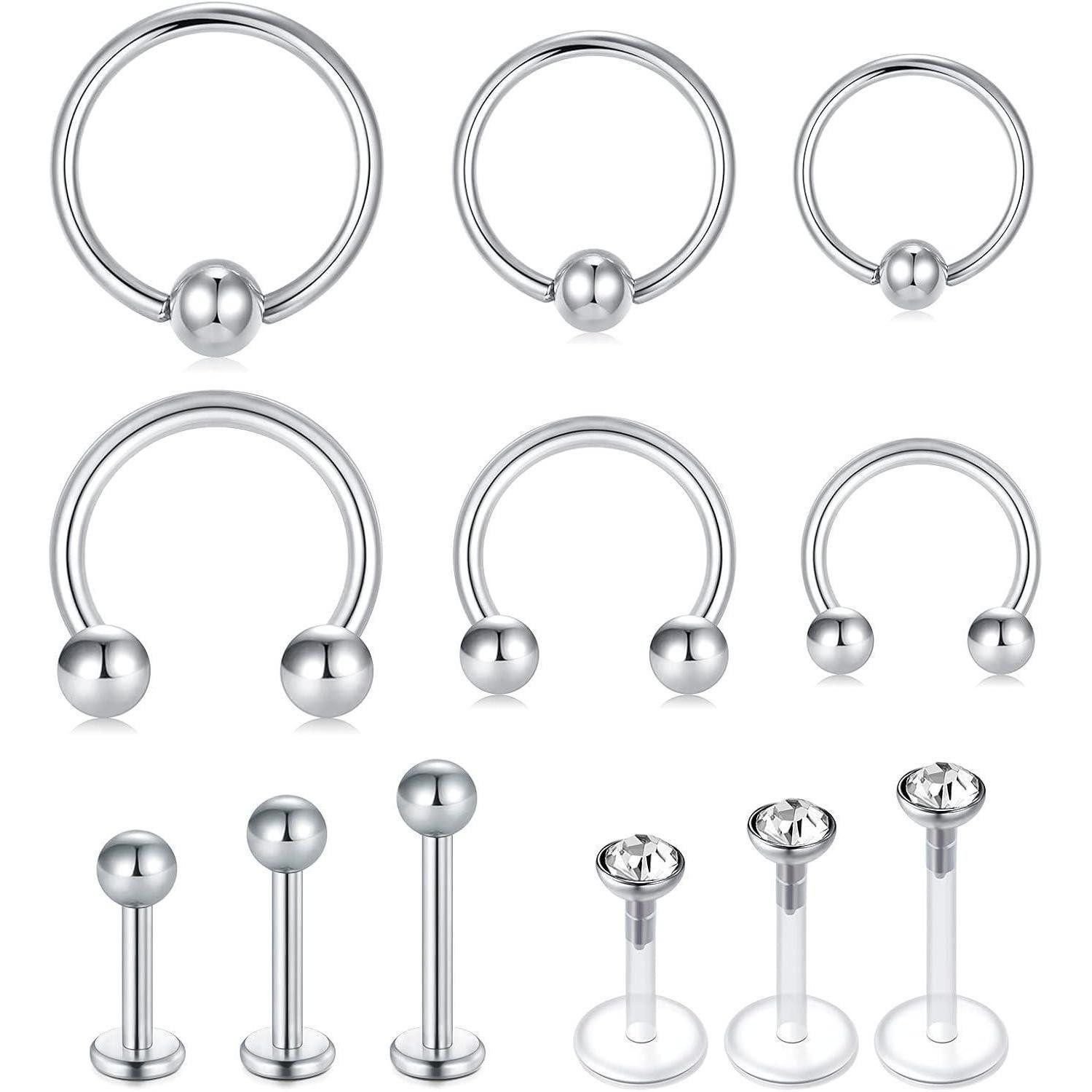 Briana Williams Piercing-Set 16G Lippenpiercing Stecker Labret Stud Edelstahl Hufeisen Septum Ring