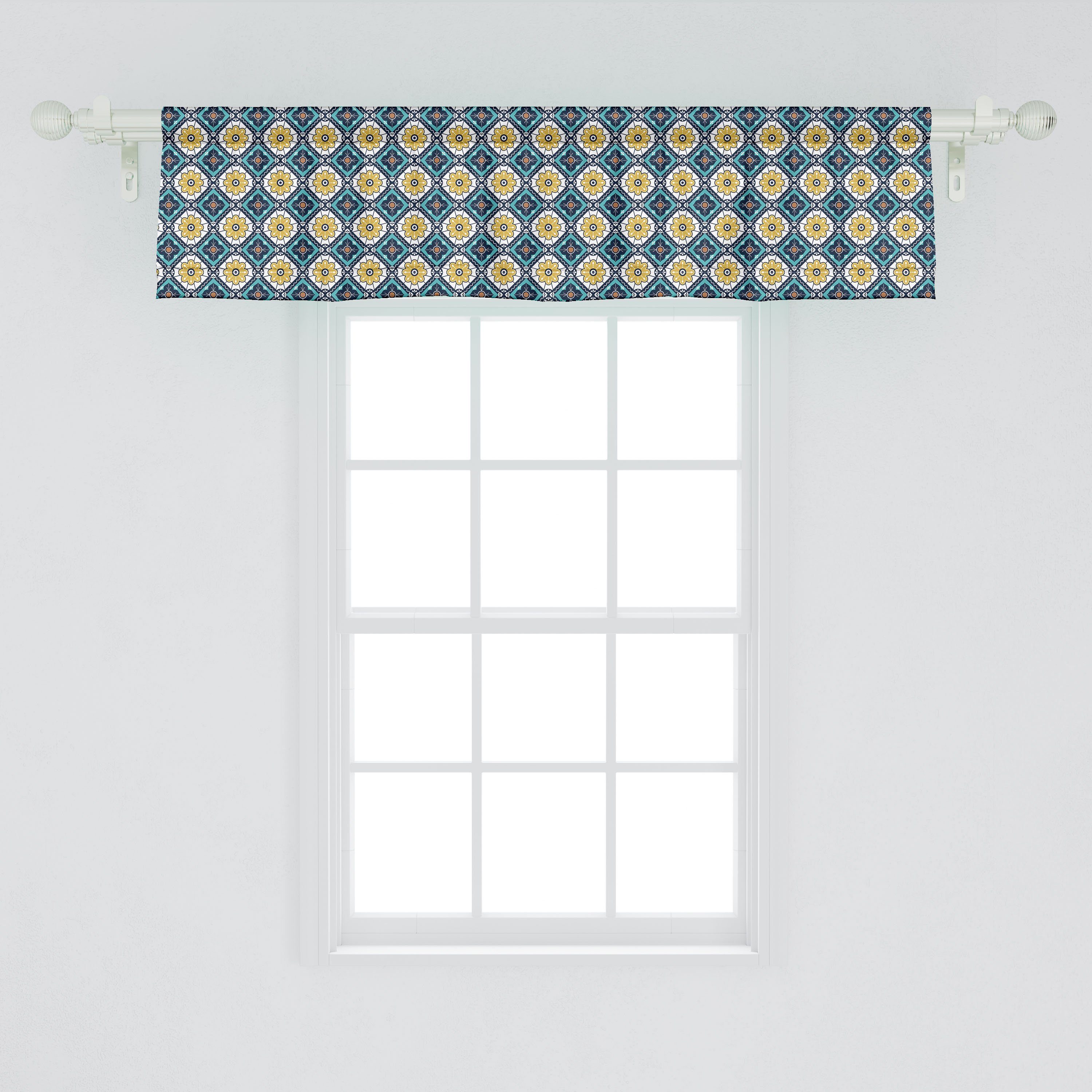 Scheibengardine Vorhang Volant für Küche Oriental Microfaser, Dekor Stangentasche, Mosaik Flora Abakuhaus, Schlafzimmer mit Boho Antique