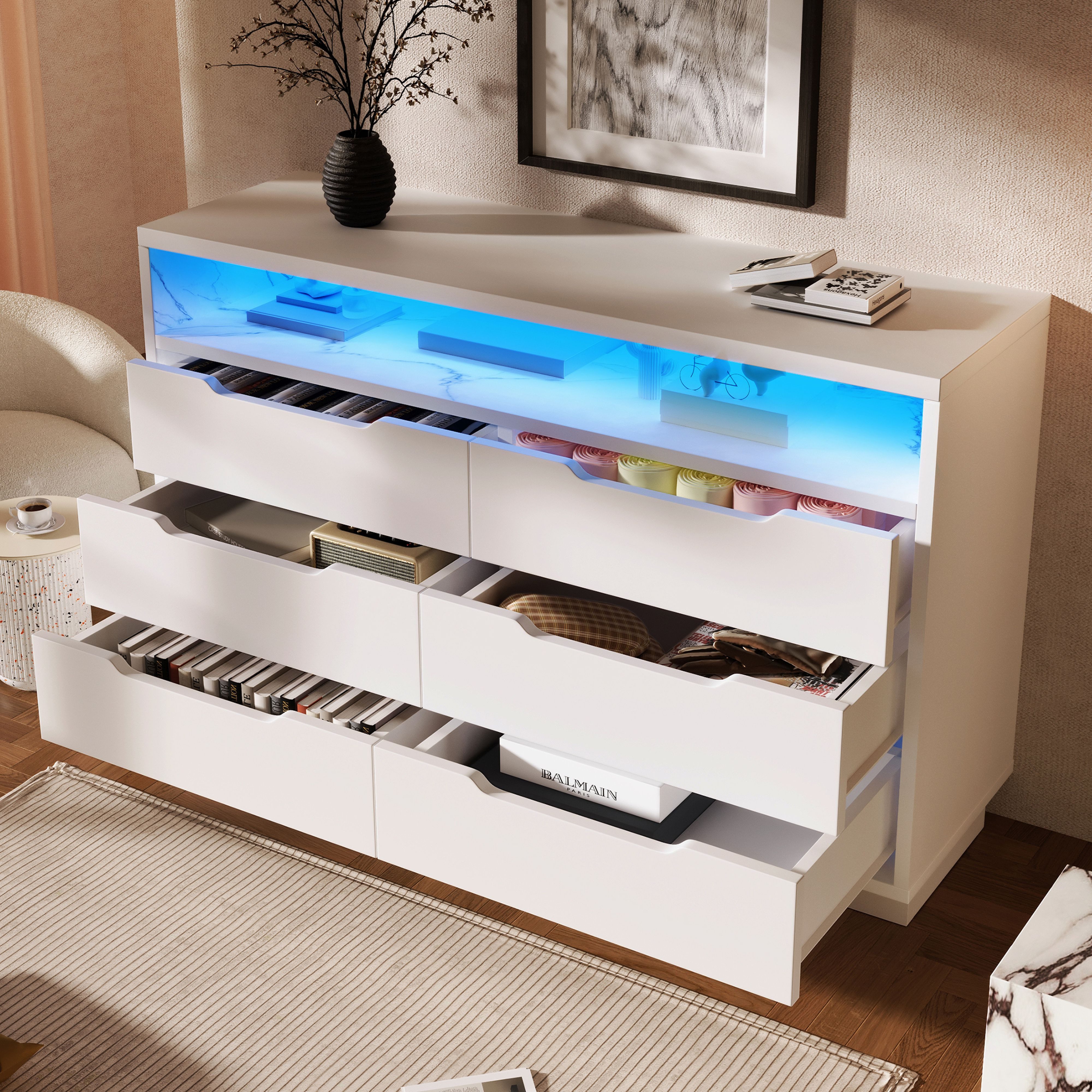 BlingBin Kommode Sideboard für Wohnzimmer und Schlafzimmer (1 St., Staufach mit Marmorkorn, 120x40x85cm, Weiß), mit LED-Beleuchtung und 6 Schubladen – Bild 2 von 5