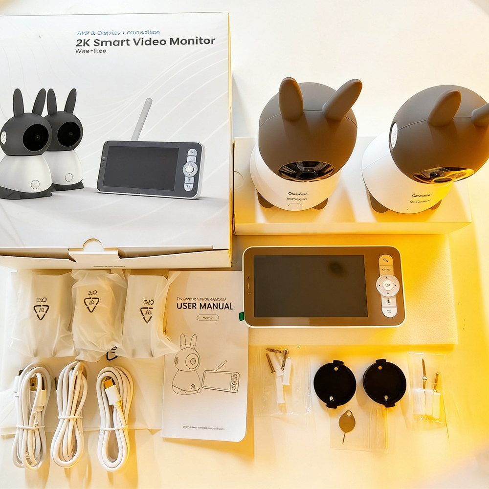 Boifun Video-Babyphone Babyphone mit 2 Kameras WLAN 5 Zoll Video Babyphone 2K/3MP PTZ 355°, Nachtlicht, 300m Reichweite, Zwei-Wege-Audio, 4X Zoom, 1-tlg., Weinen/Bewegungs/Geräuscherkennung, Automatische Verfolgung,unterstützt Mobile App Steuerung