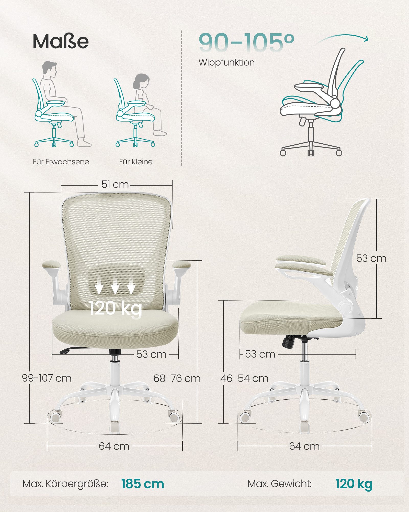 SONGMICS Bürostuhl ergonomischer Drehstuhl mit Mesh, Lendenstütze, Wippfunktion, ohne Kopfstütze, 53 cm breite Sitzfläche und klappbaren Armlehnen