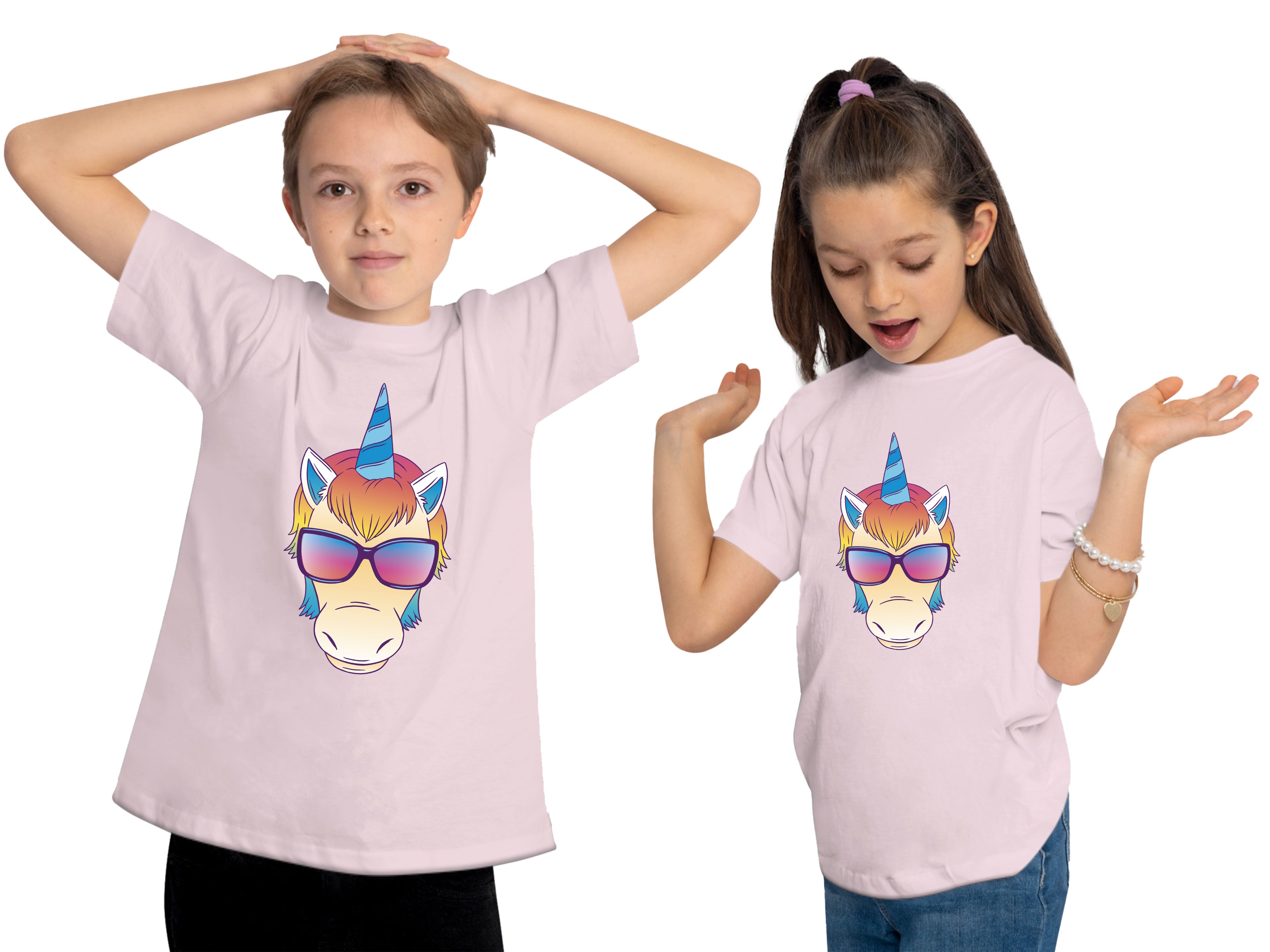 MyDesign24 T-Shirt Kinder Print mit Sonnenbrille Aufdruck, Einhorn Baumwollshirt Shirt Kopf - mit bedruckt rosa i255