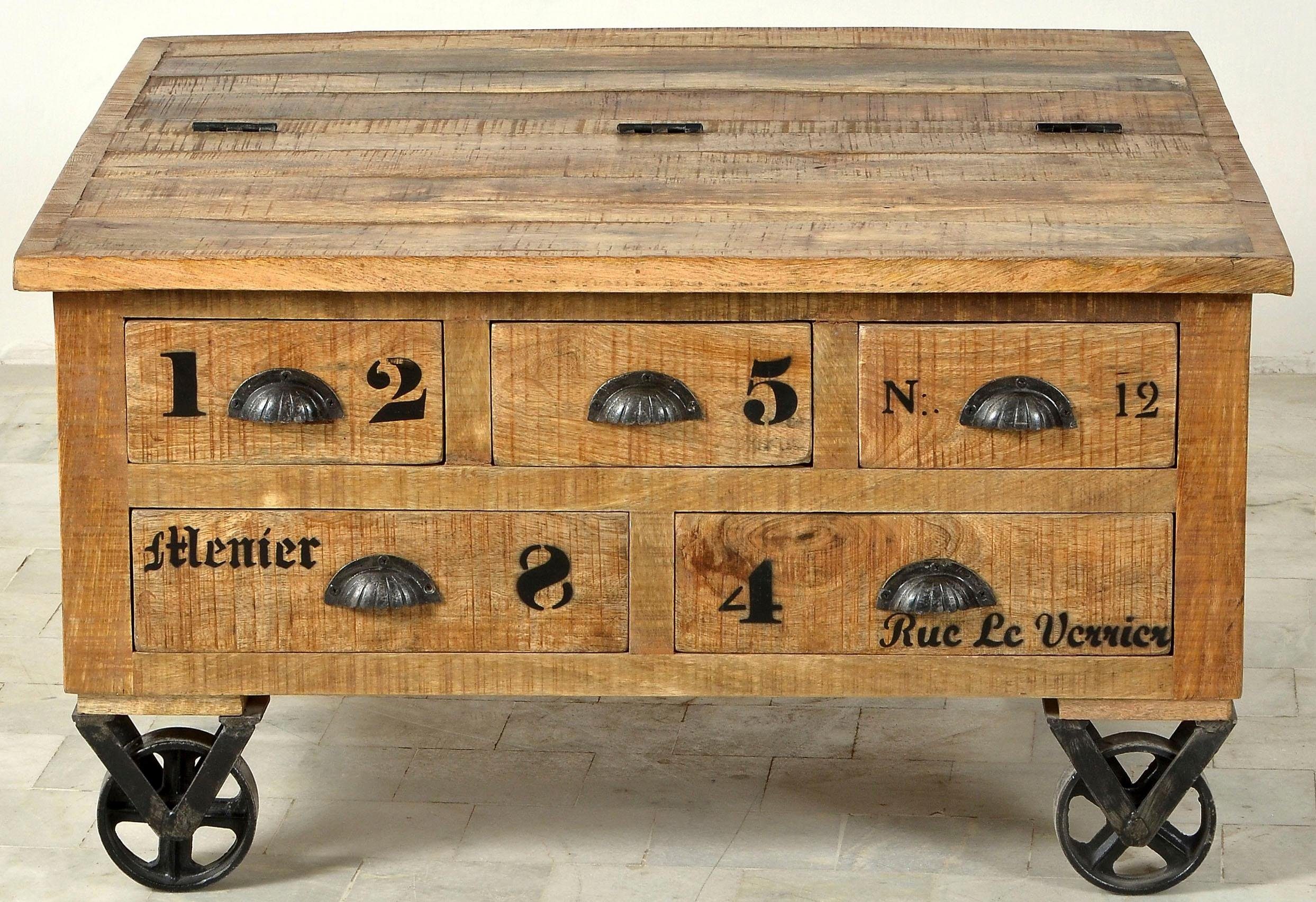 SIT Couchtisch Rustic Couchtischtruhe aus Mangoholz mit Rollen & Stauraum, 5 Schubladen, Klappe & Rollen für flexiblen Stauraum – Bild 3 von 5