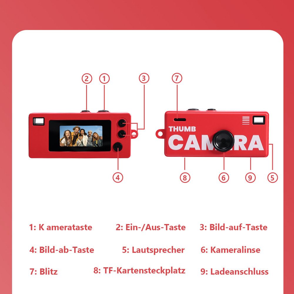 Pdgrid Retro Mini Daumenkamera 1080P mit Blitzlicht & 8GB TF-Karte Kompaktkamera (1080 MP, 4 Filter mit Type-C; Tragbare Kleinkamera für Alltag Reisen Geschenk)