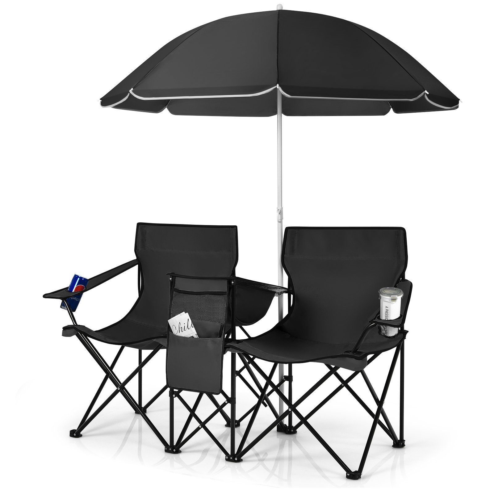 COSTWAY & Getränkehalter Kühltasche, Sonnenschirm, mit faltbar Campingstuhl, Schwarz