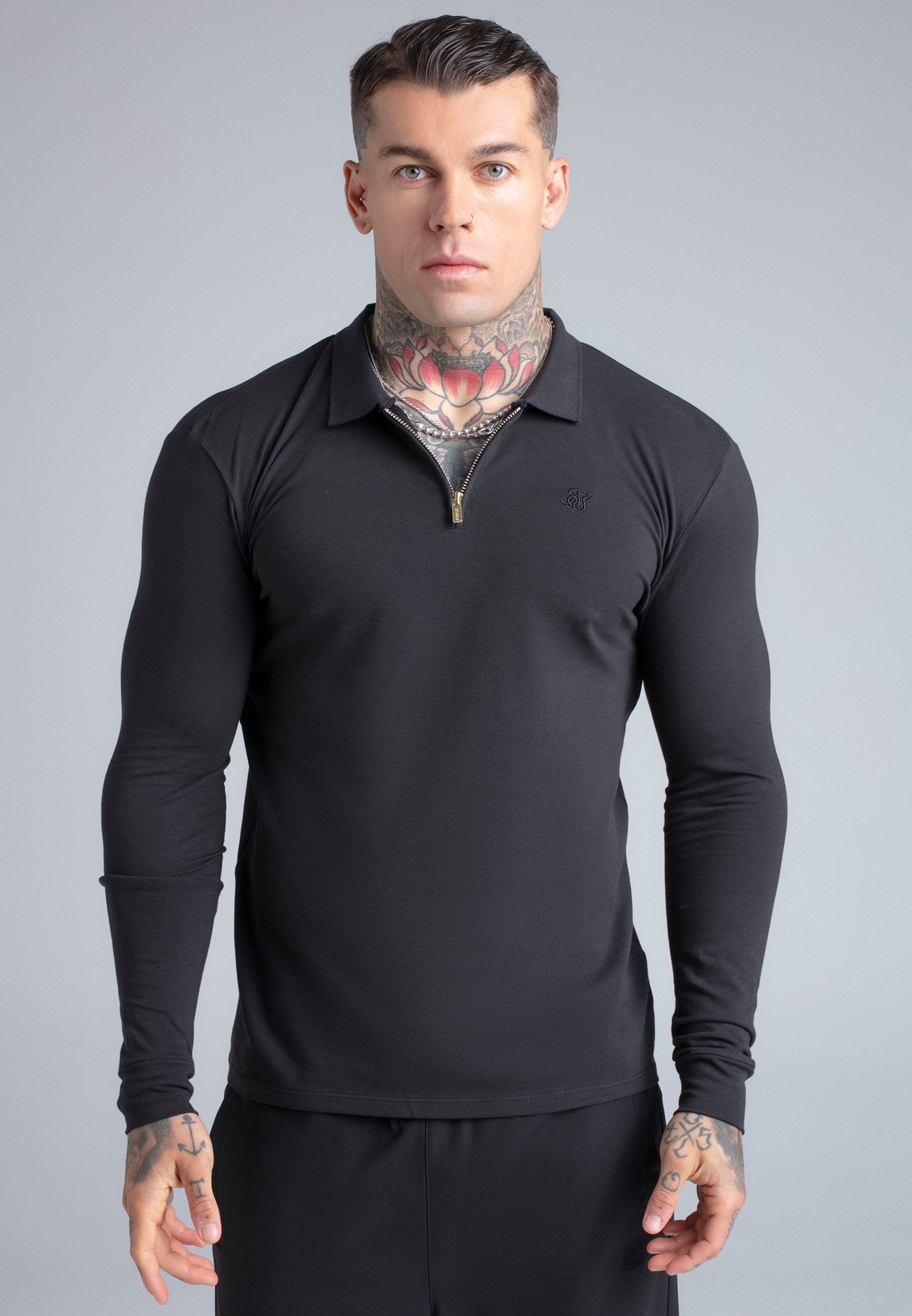 Siksilk T-Shirt SikSilk Herren Schwarzes Langarm Zip-Polo T-Shirt günstig online kaufen