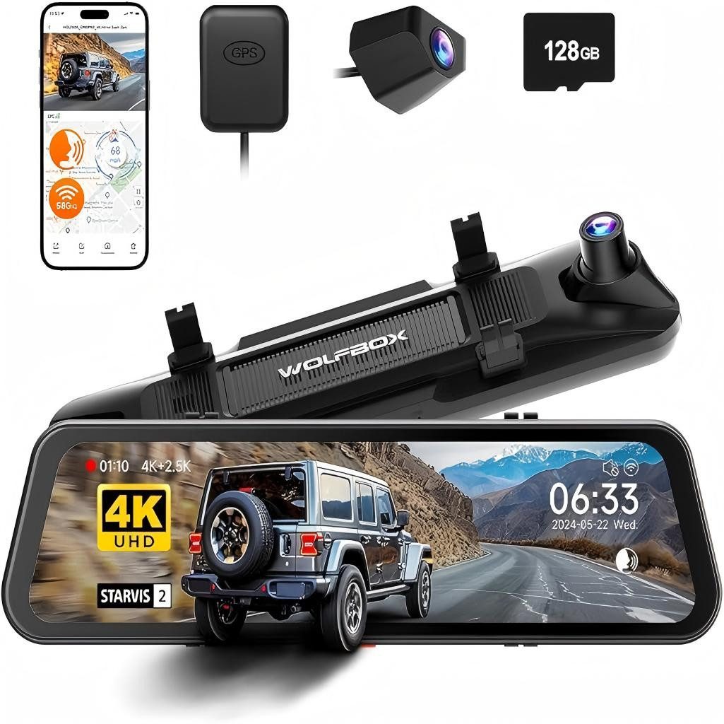 WOLFBOX G900 PRO Spiegel Dashcam mit STARVIS 2 IMX678, G-Sensor & GPS Dashcam (WLAN (Wi-Fi), App-Steuerung, Touchscreen, eingebautes Display, eingebautes WiFi)